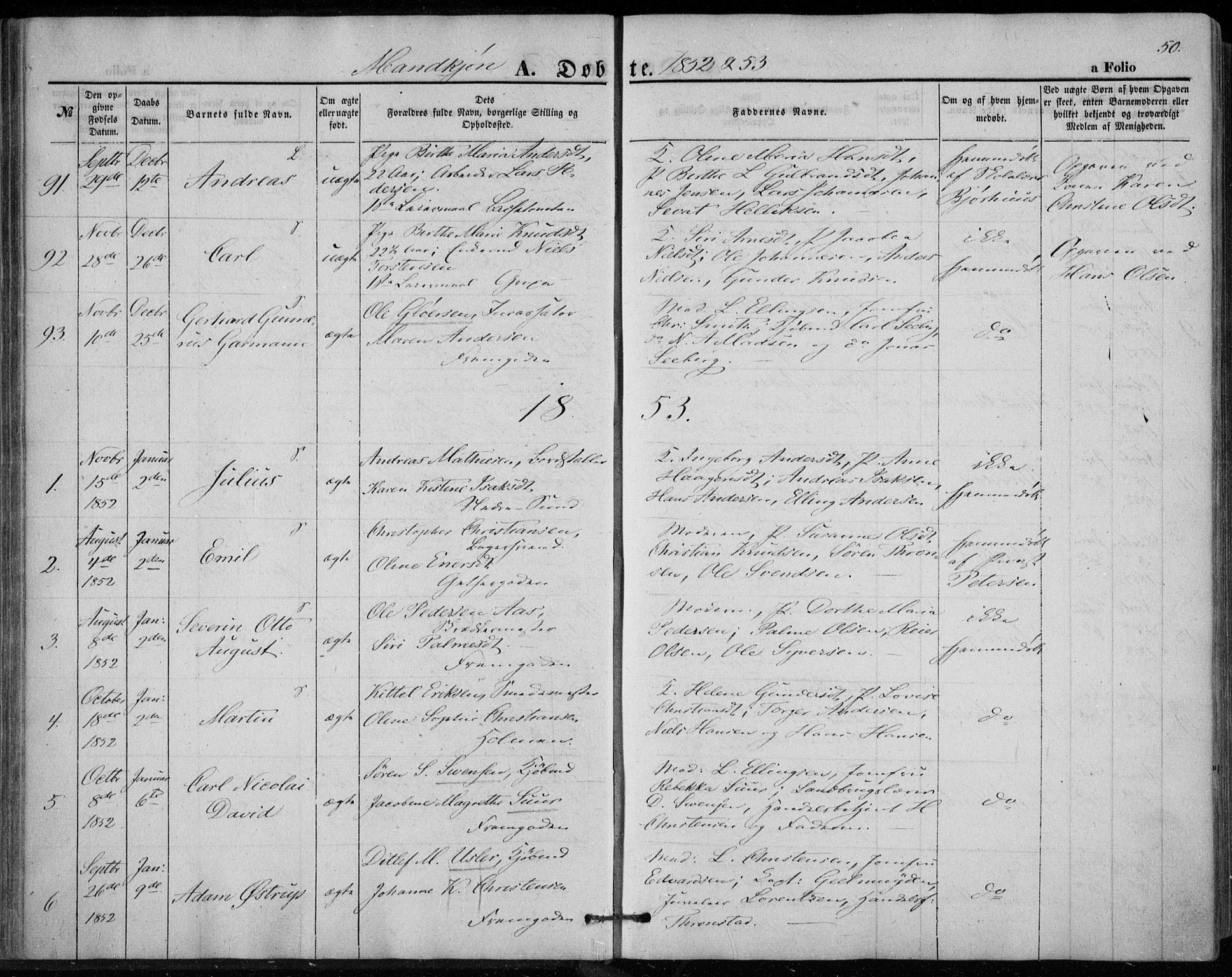 Bragernes kirkebøker, AV/SAKO-A-6/F/Fb/L0002: Parish register (official) no. II 2, 1848-1859, p. 50