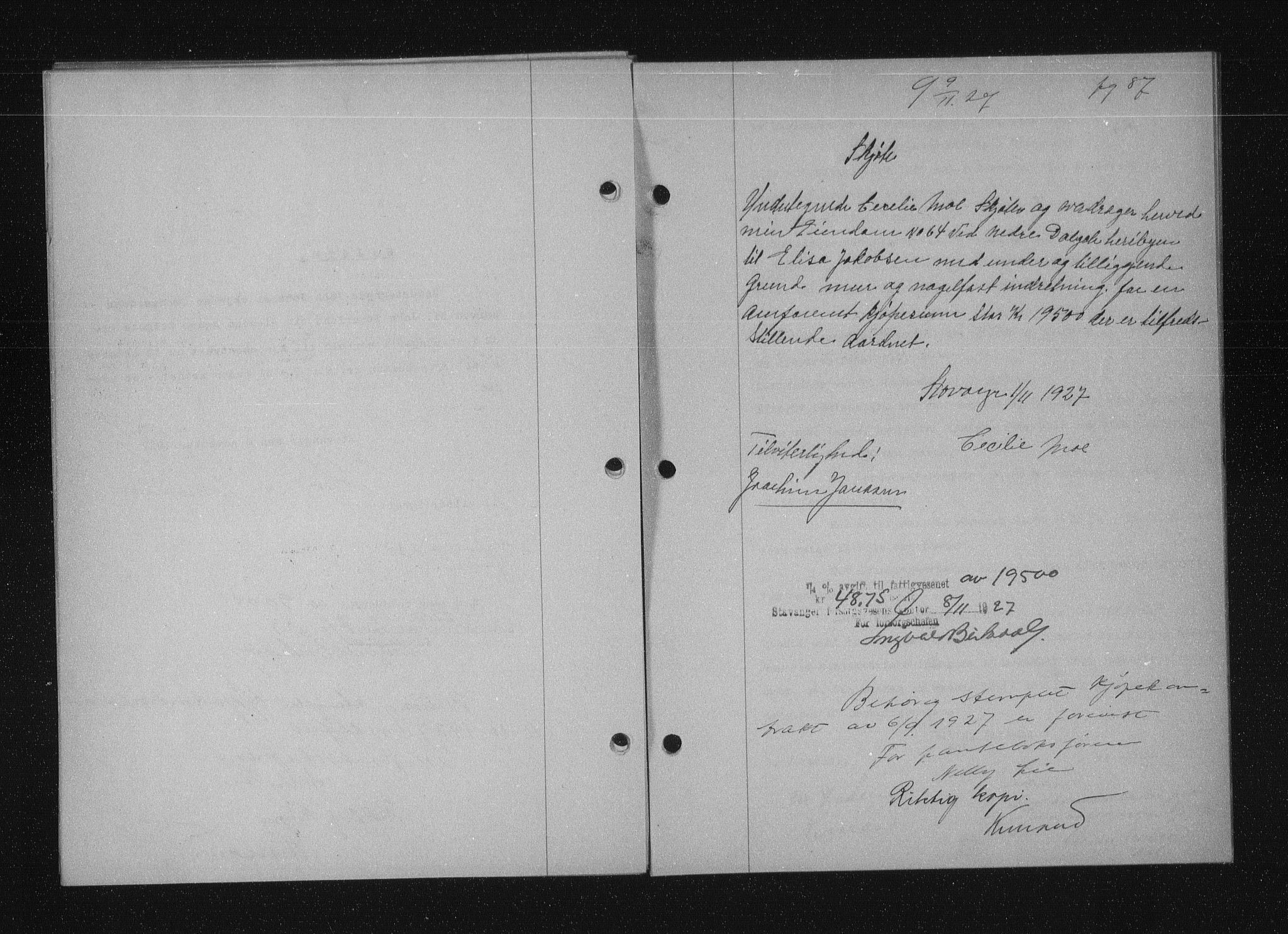 Stavanger byfogd, SAST/A-101408/001/4/41/410/410BB/L0053: Mortgage book no. 41, 1927-1928, Deed date: 09.11.1927