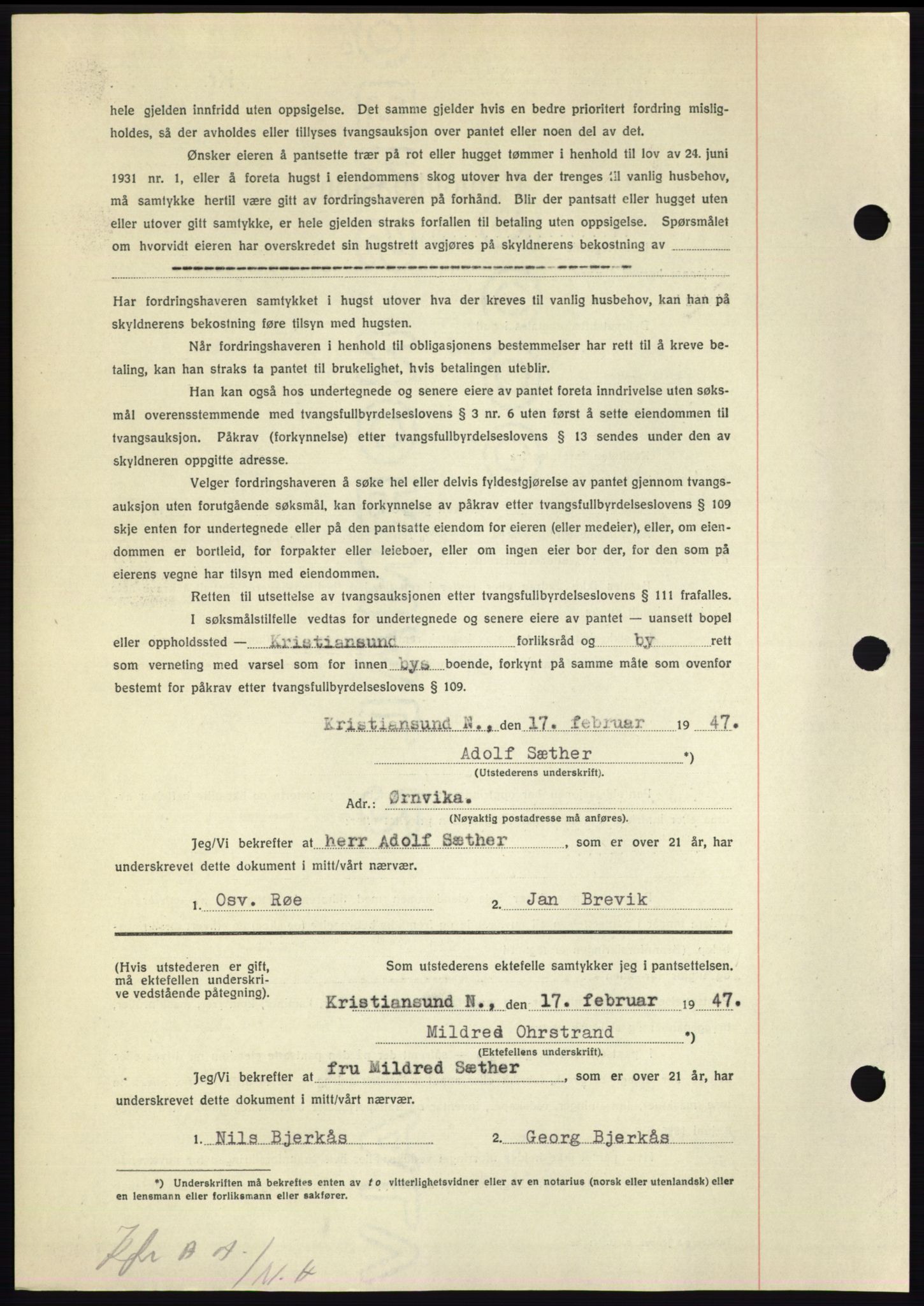 Nordmøre sorenskriveri, AV/SAT-A-4132/1/2/2Ca: Mortgage book no. B95, 1946-1947, Diary no: : 466/1947