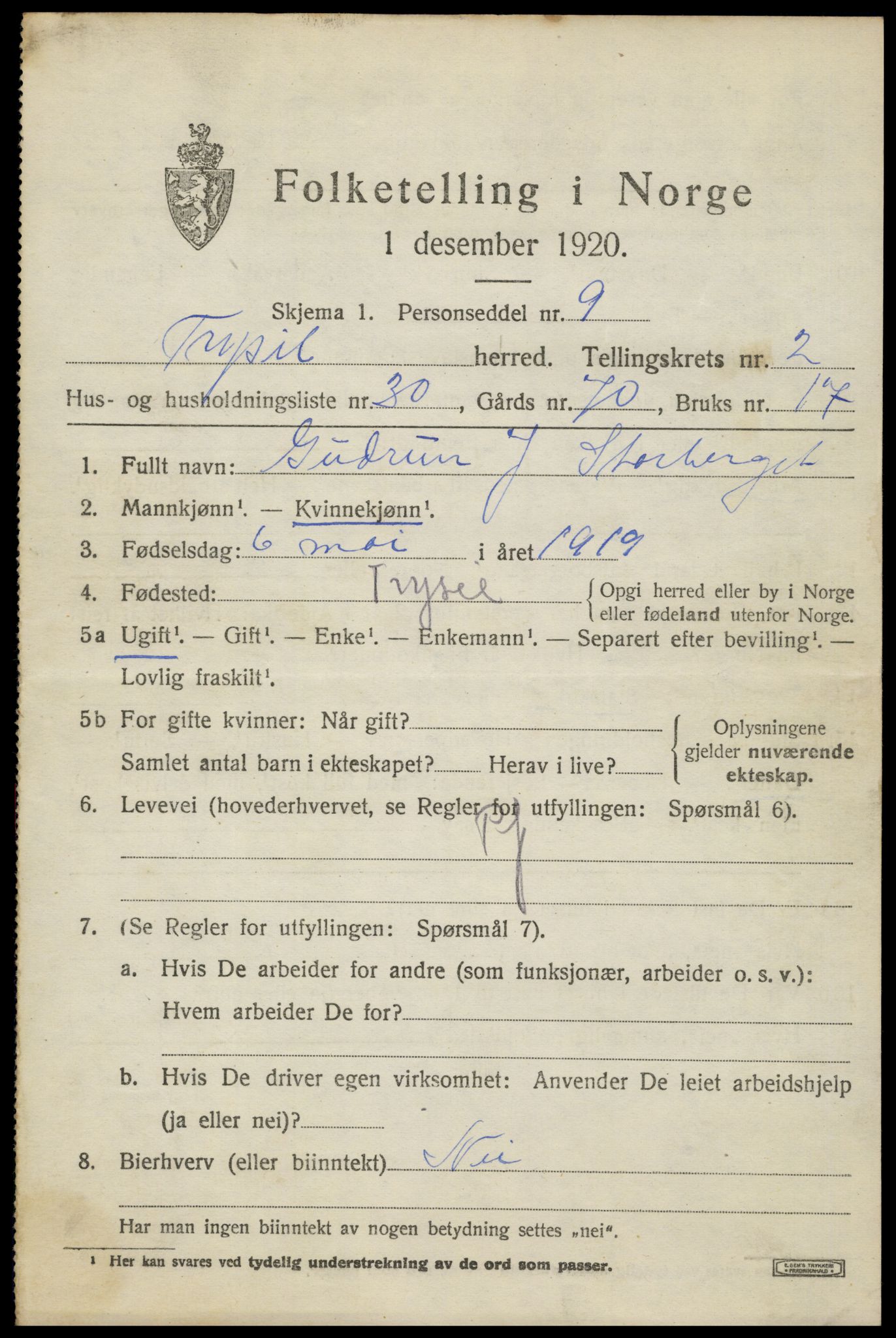 SAH, 1920 census for Trysil, 1920, p. 3459