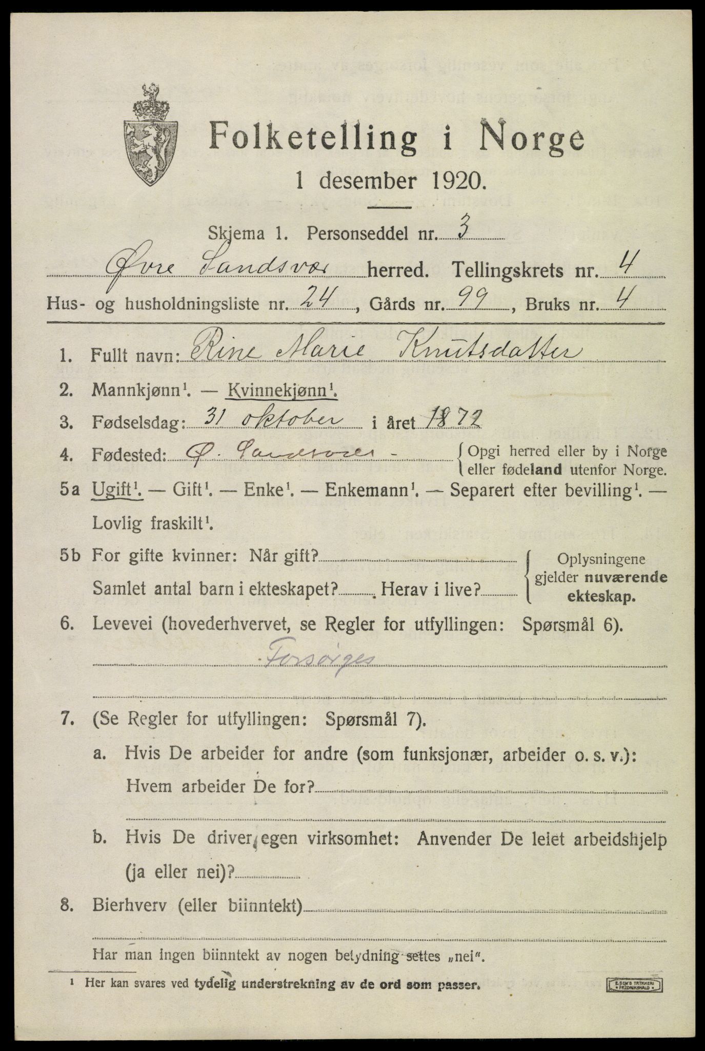 SAKO, 1920 census for Øvre Sandsvær, 1920, p. 2836