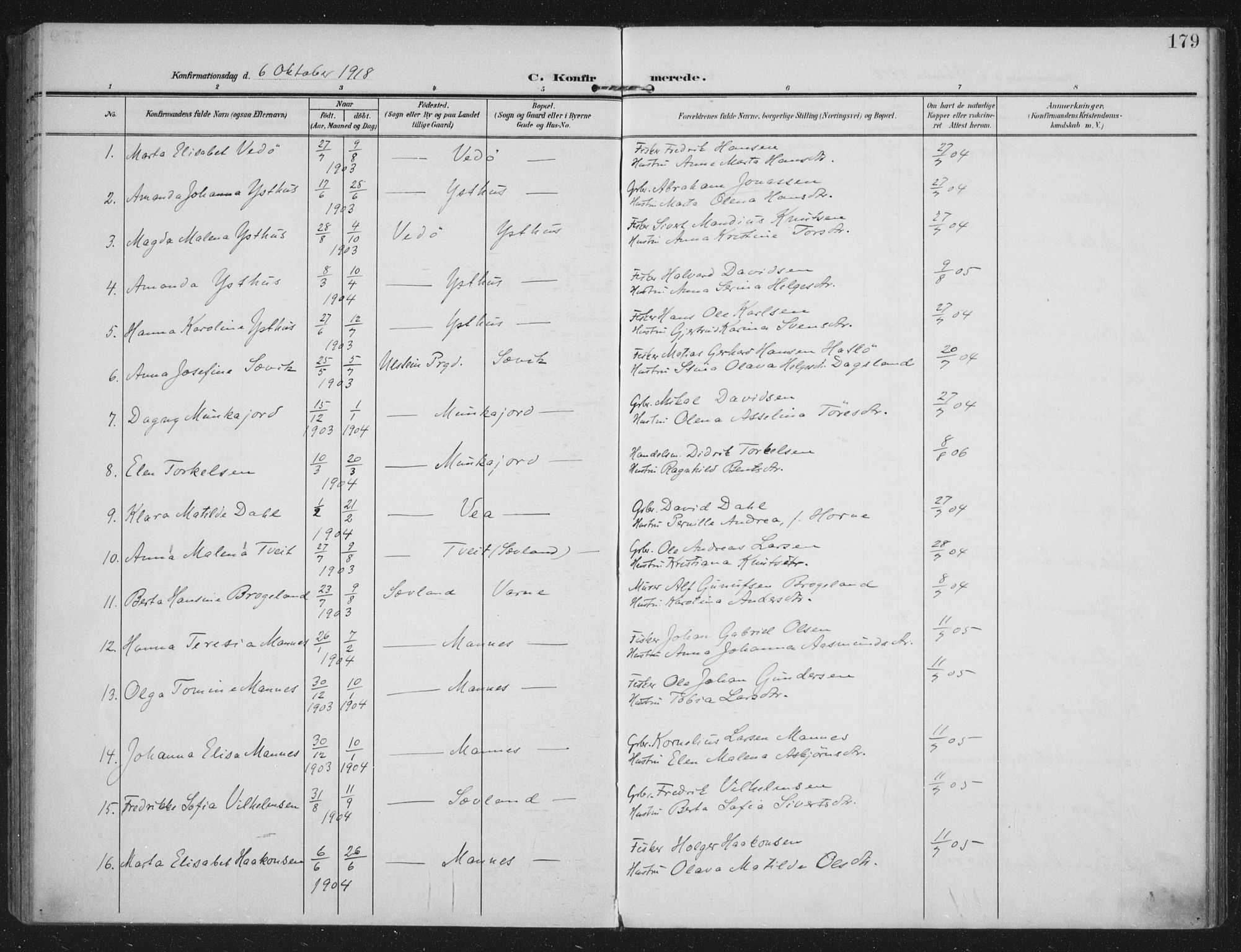 Kopervik sokneprestkontor, SAST/A-101850/H/Ha/Haa/L0005: Parish register (official) no. A 5, 1906-1924, p. 179