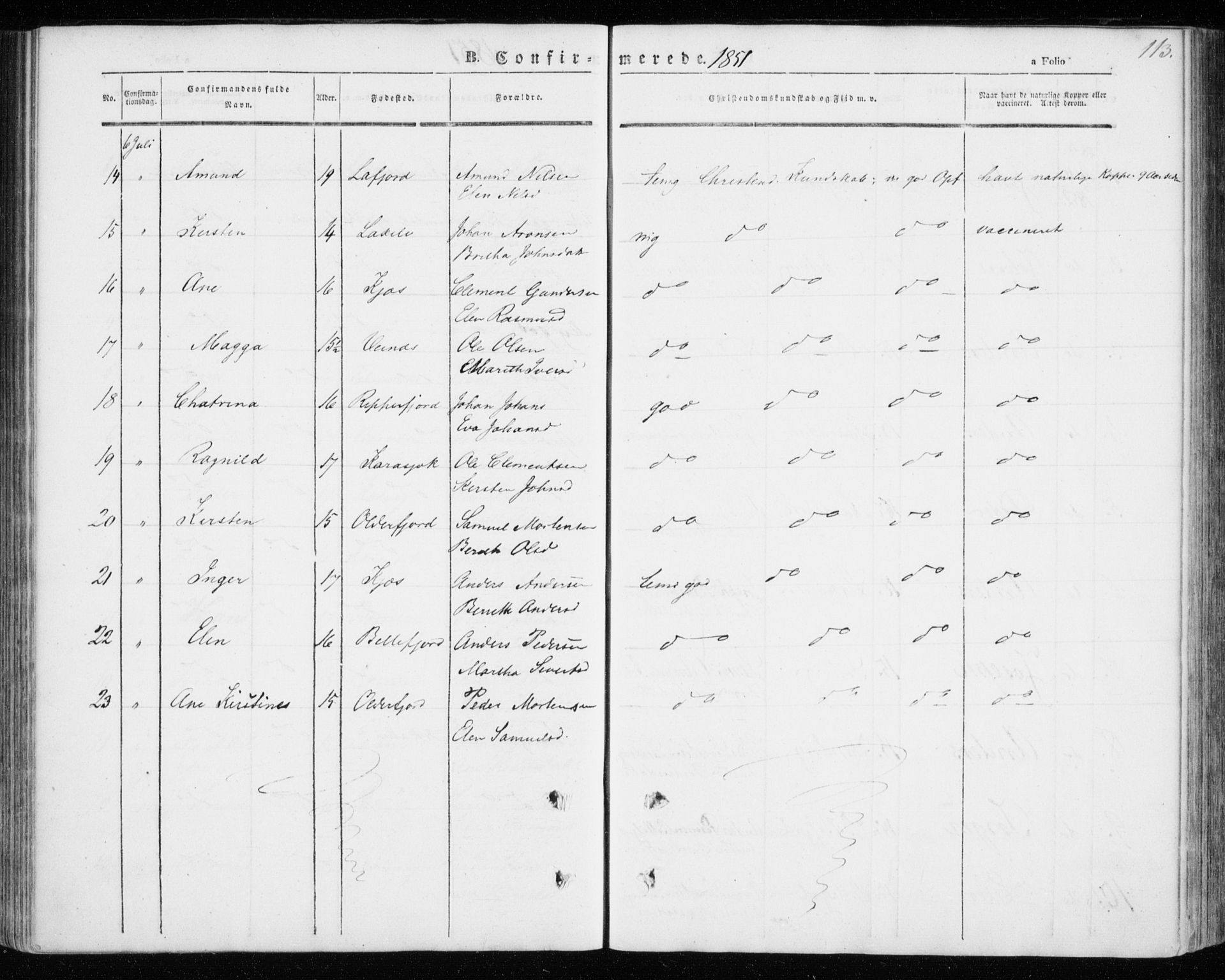 Kistrand/Porsanger sokneprestembete, AV/SATØ-S-1351/H/Ha/L0004.kirke: Parish register (official) no. 4, 1843-1860, p. 113