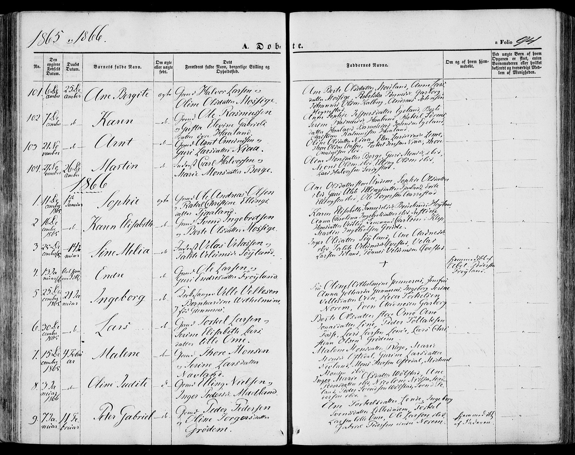Lye sokneprestkontor, SAST/A-101794/001/30BA/L0007: Parish register (official) no. A 6, 1856-1871, p. 94