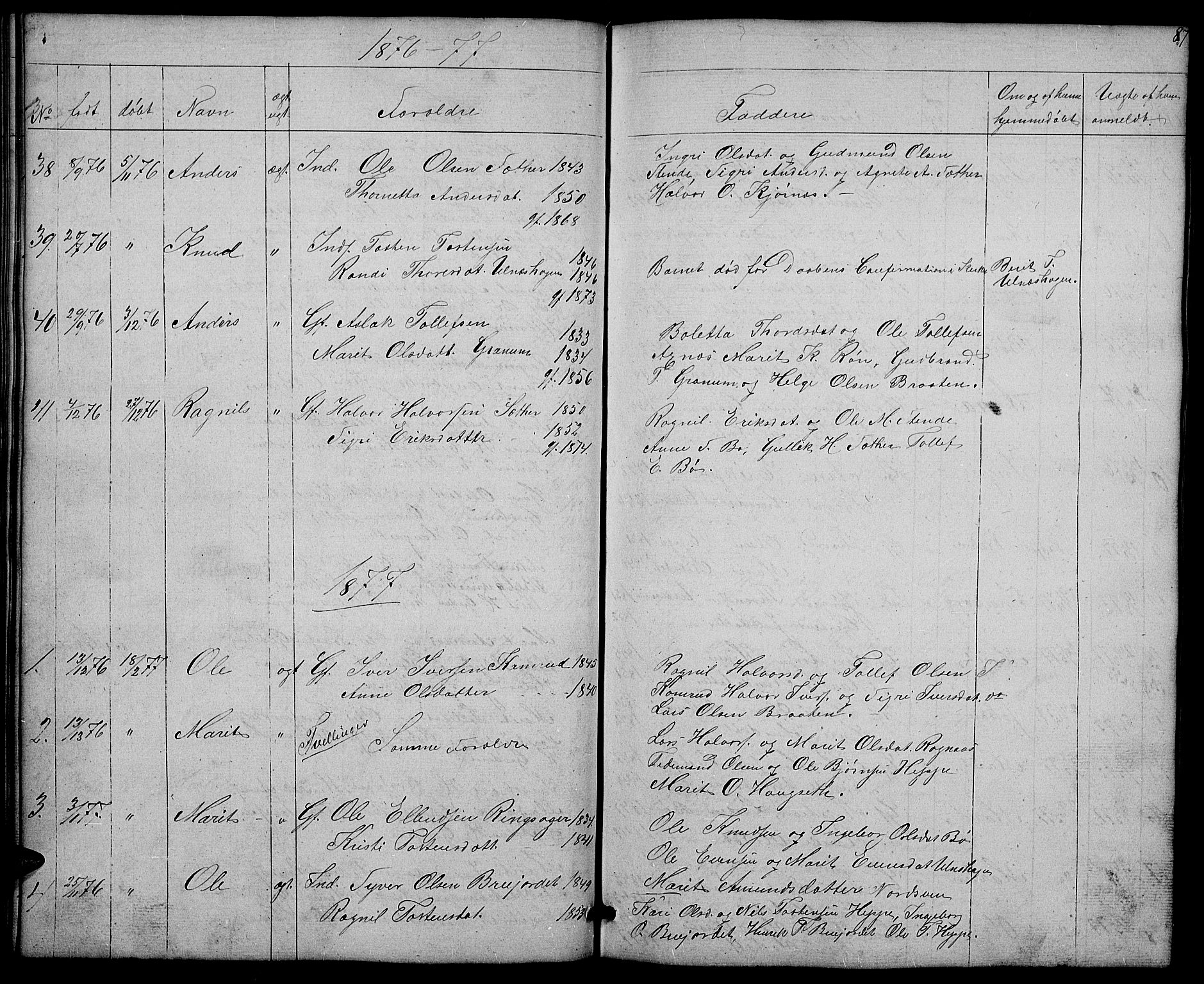 Nord-Aurdal prestekontor, SAH/PREST-132/H/Ha/Hab/L0004: Parish register (copy) no. 4, 1842-1882, p. 87