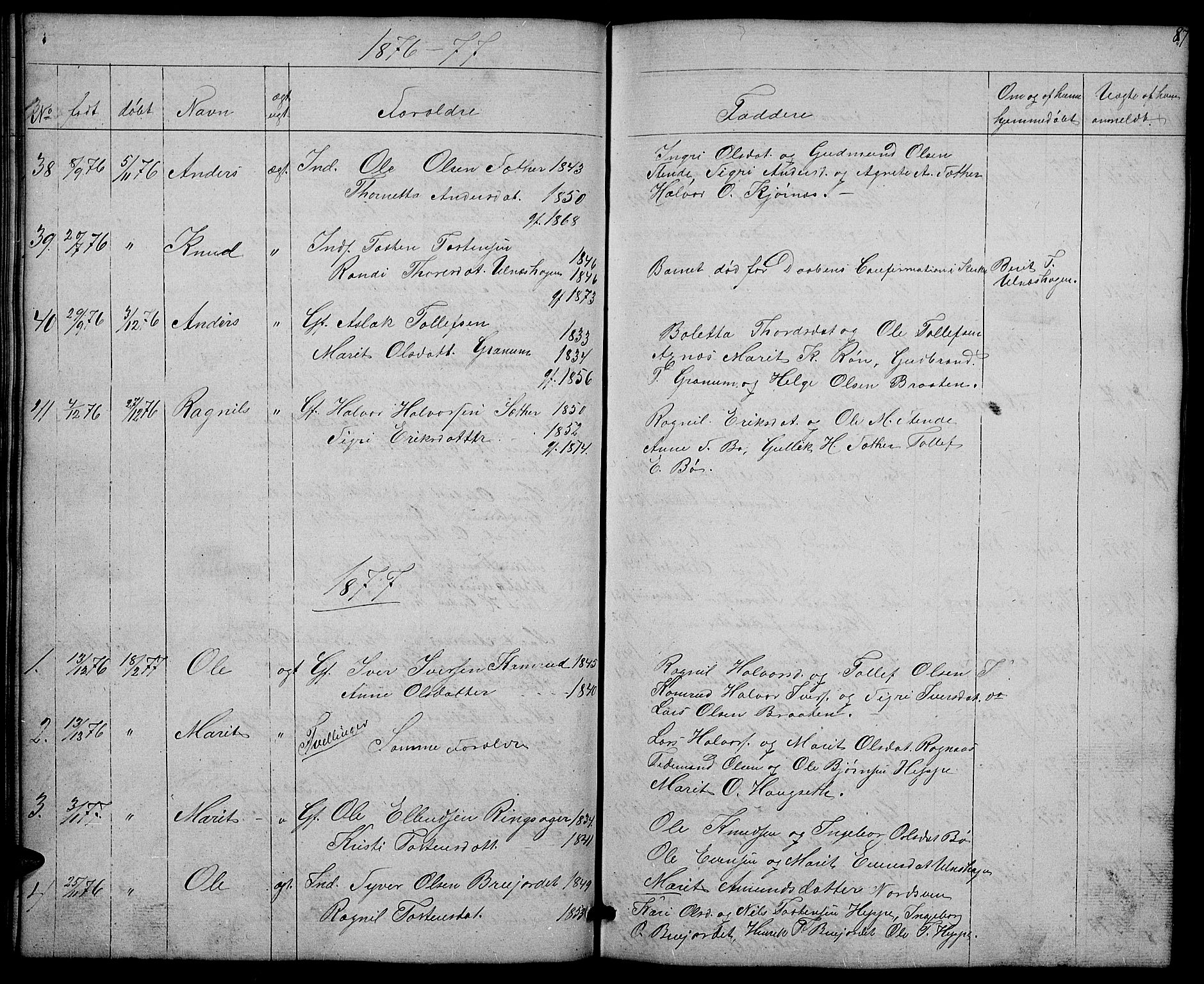 Nord-Aurdal prestekontor, AV/SAH-PREST-132/H/Ha/Hab/L0004: Parish register (copy) no. 4, 1842-1882, p. 87