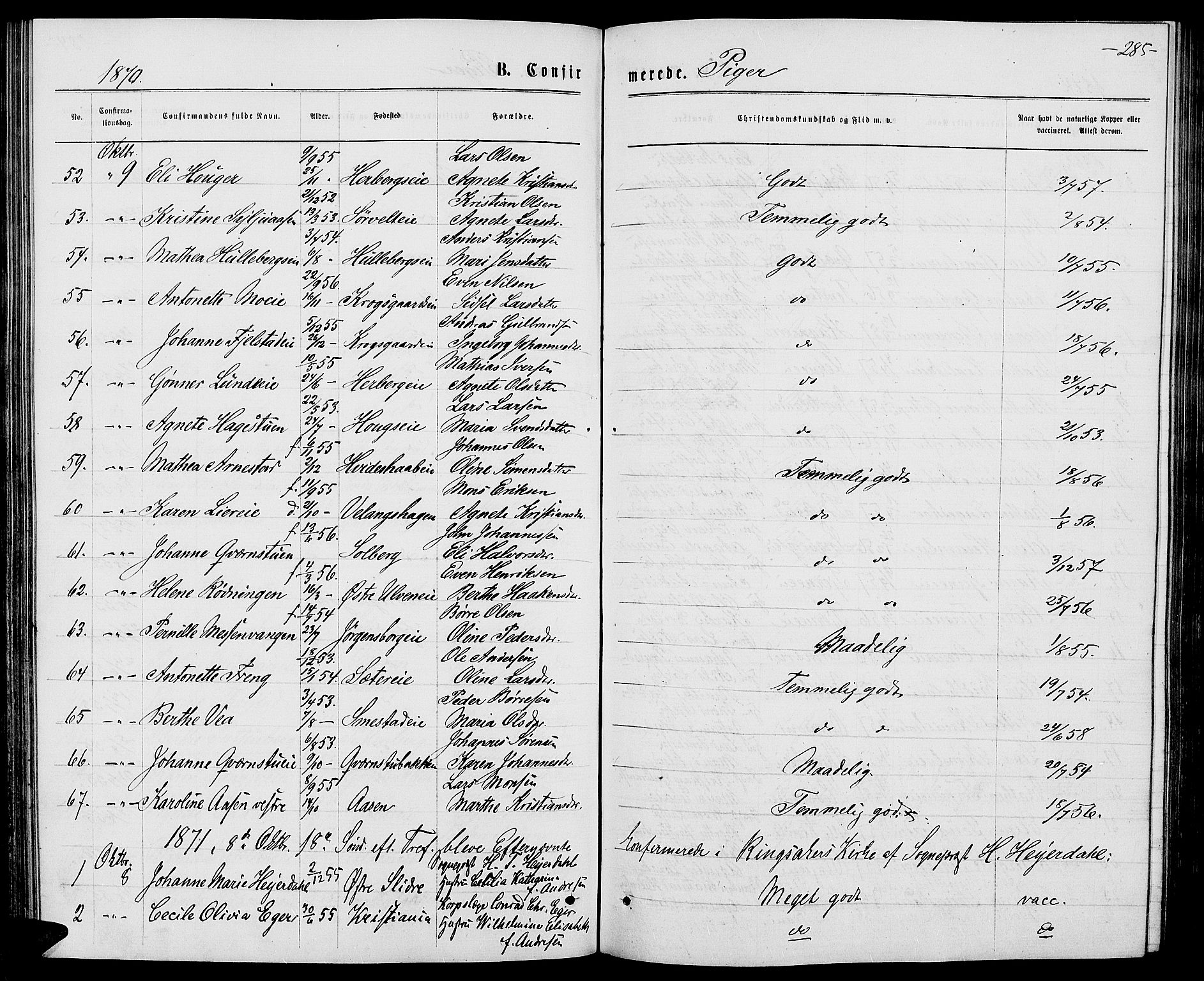 Ringsaker prestekontor, AV/SAH-PREST-014/L/La/L0008: Parish register (copy) no. 8, 1870-1878, p. 285