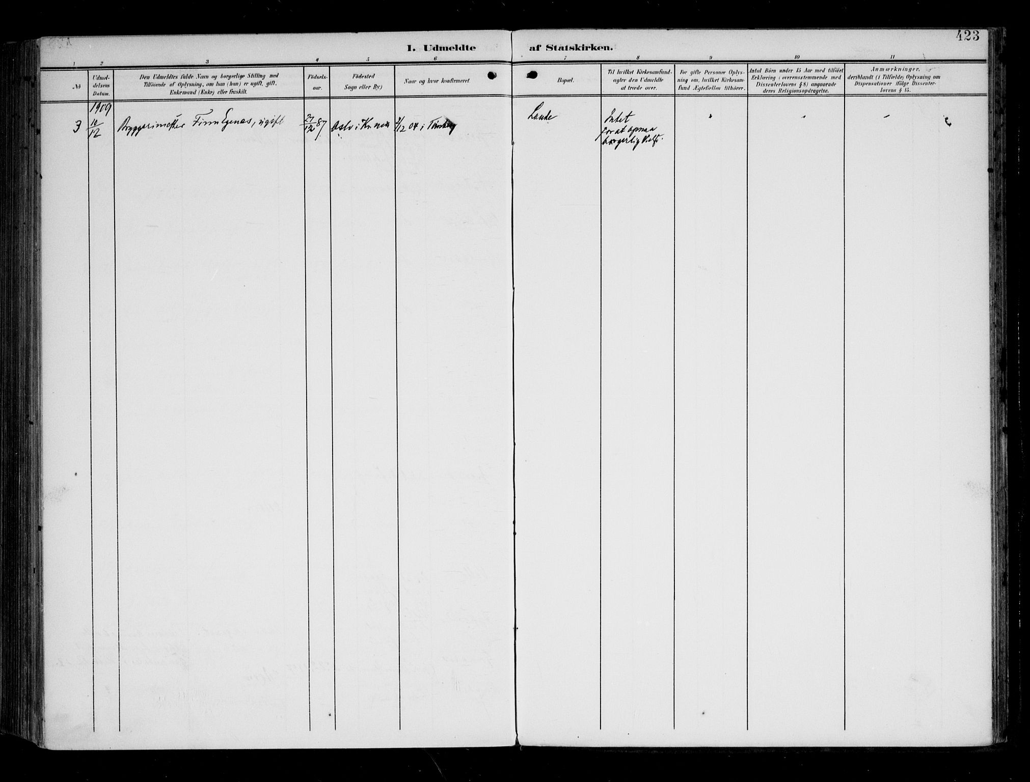 Tune prestekontor Kirkebøker, AV/SAO-A-2007/F/Fa/L0020: Parish register (official) no. 20, 1904-1909, p. 423