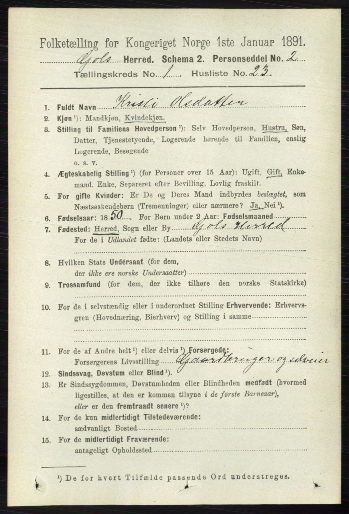 RA, 1891 census for 0617 Gol og Hemsedal, 1891, p. 224