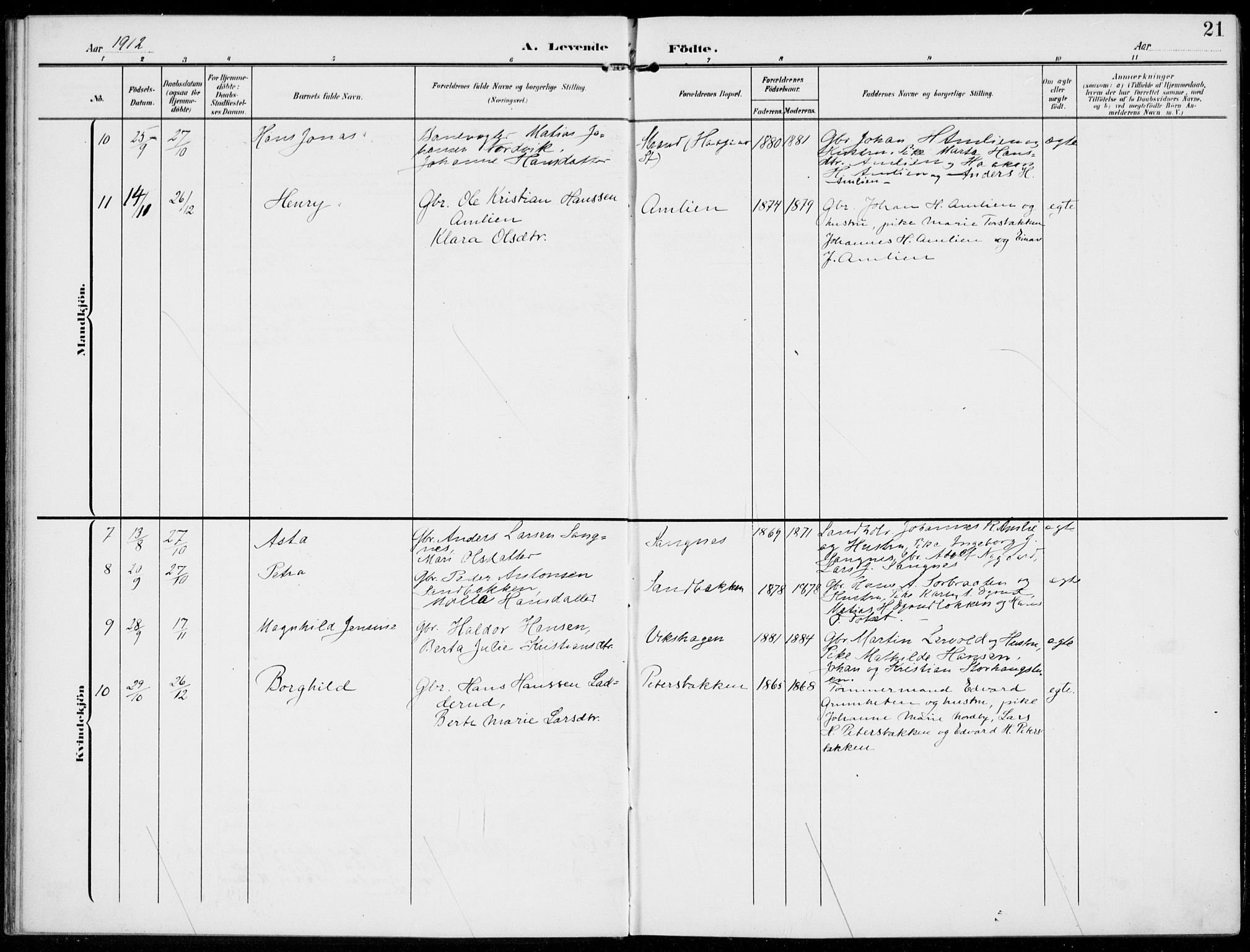 Kolbu prestekontor, AV/SAH-PREST-110/H/Ha/Haa/L0001: Parish register (official) no. 1, 1907-1923, p. 21