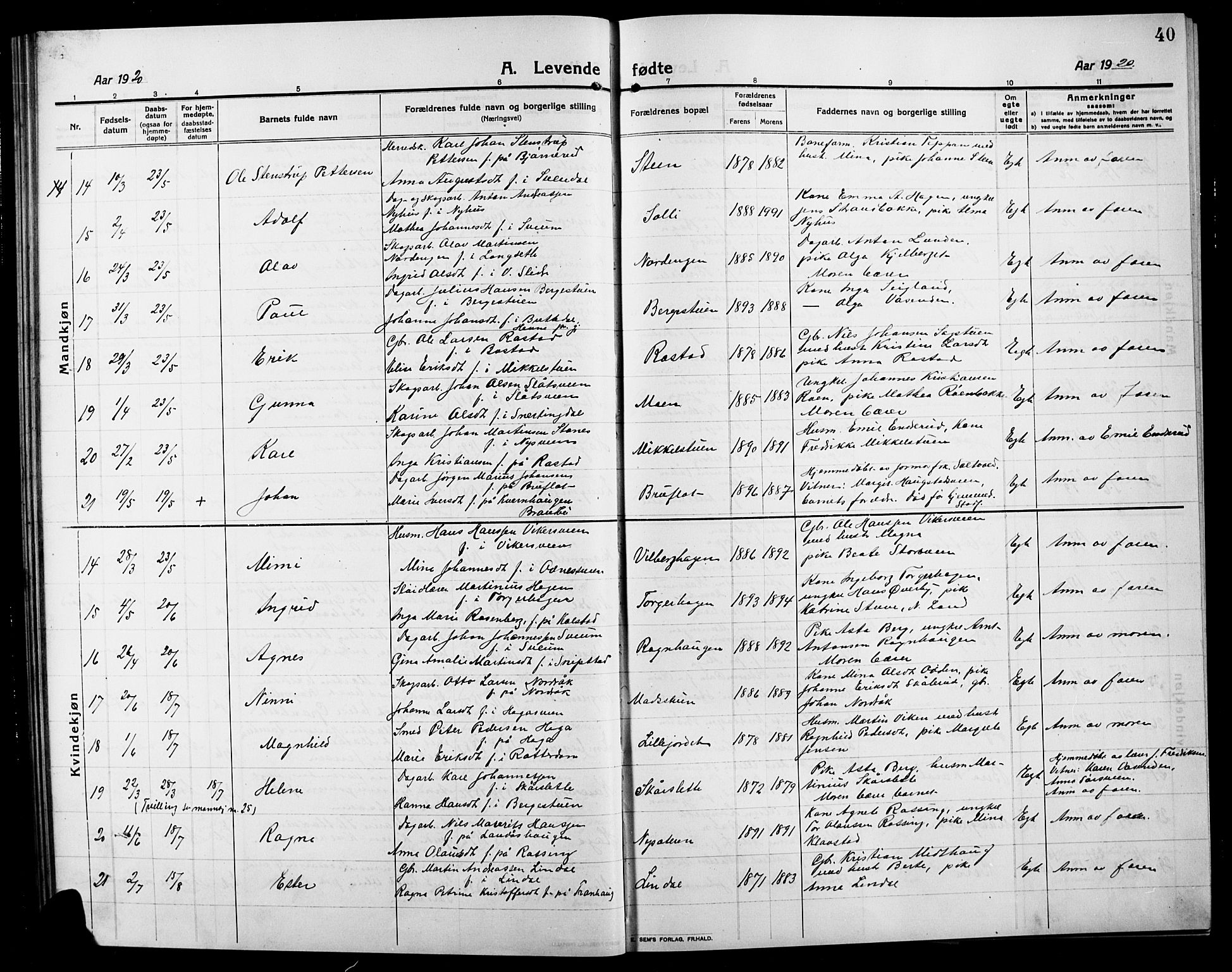 Søndre Land prestekontor, AV/SAH-PREST-122/L/L0006: Parish register (copy) no. 6, 1912-1925, p. 40