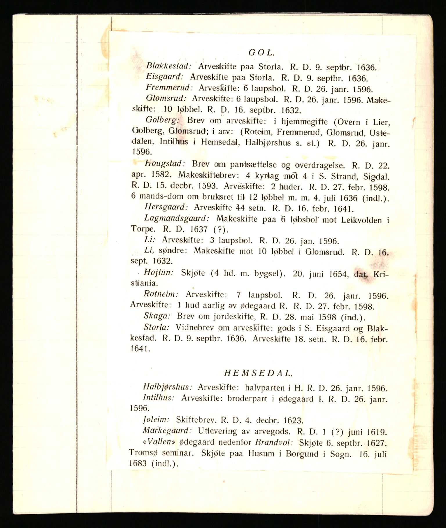 Riksarkivets diplomsamling, AV/RA-EA-5965/F35/F35e/L0012: Registreringssedler Buskerud 1, 1400-1700, p. 10