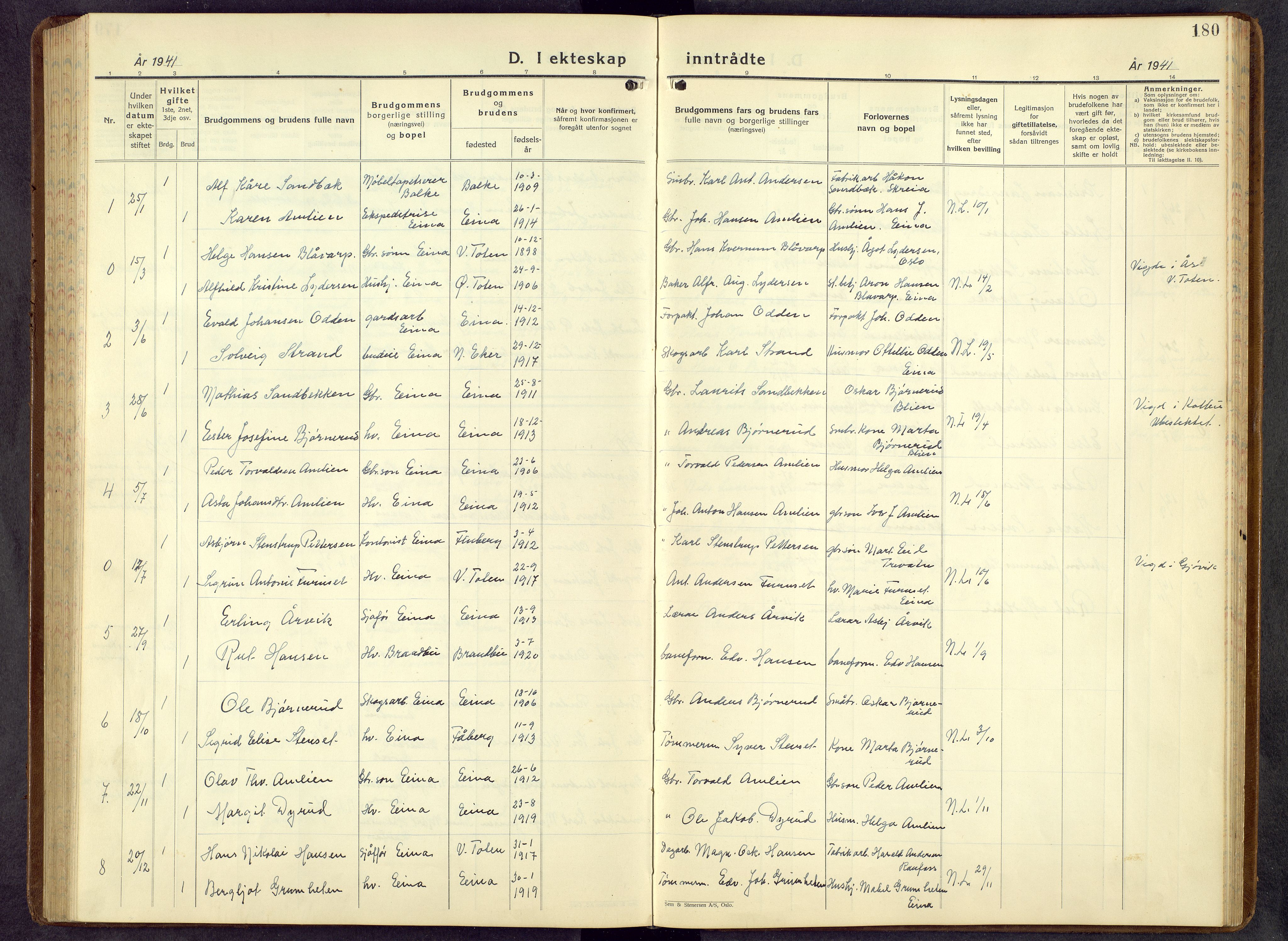 Kolbu prestekontor, SAH/PREST-110/H/Ha/Hab/L0003: Parish register (copy) no. 3, 1935-1966, p. 180