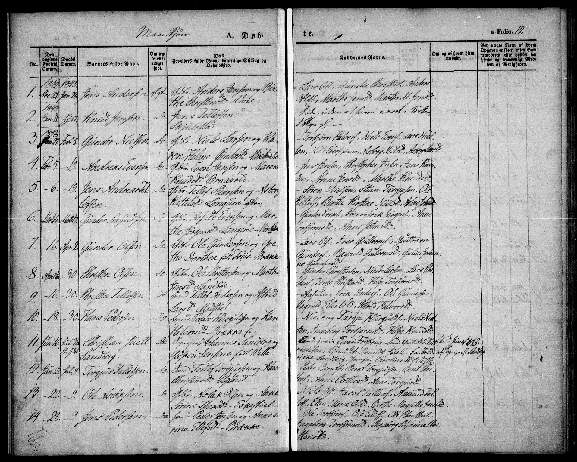 Austre Moland sokneprestkontor, SAK/1111-0001/F/Fa/Faa/L0006: Parish register (official) no. A 6, 1837-1846, p. 12