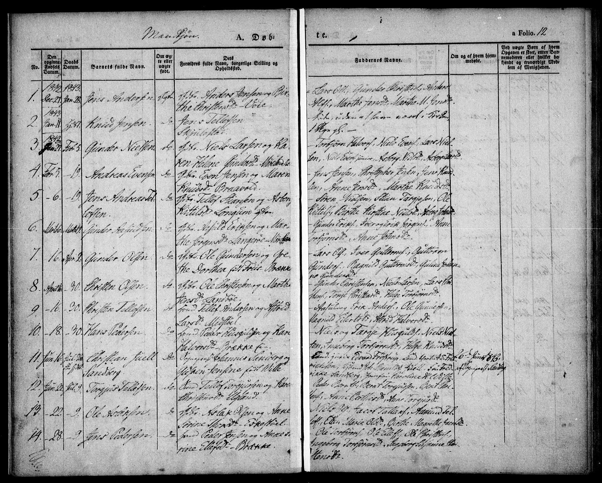 Austre Moland sokneprestkontor, AV/SAK-1111-0001/F/Fa/Faa/L0006: Parish register (official) no. A 6, 1837-1846, p. 12