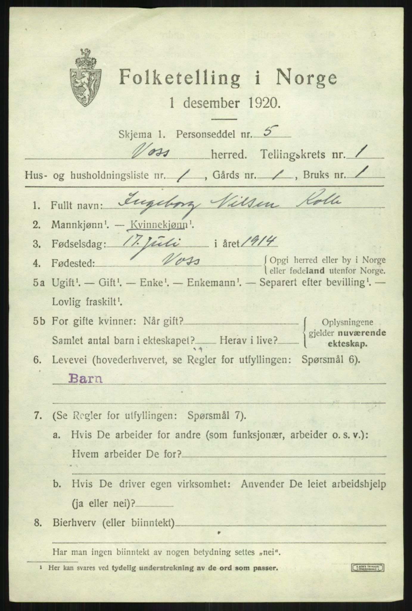 SAB, 1920 census for Voss, 1920, p. 2817