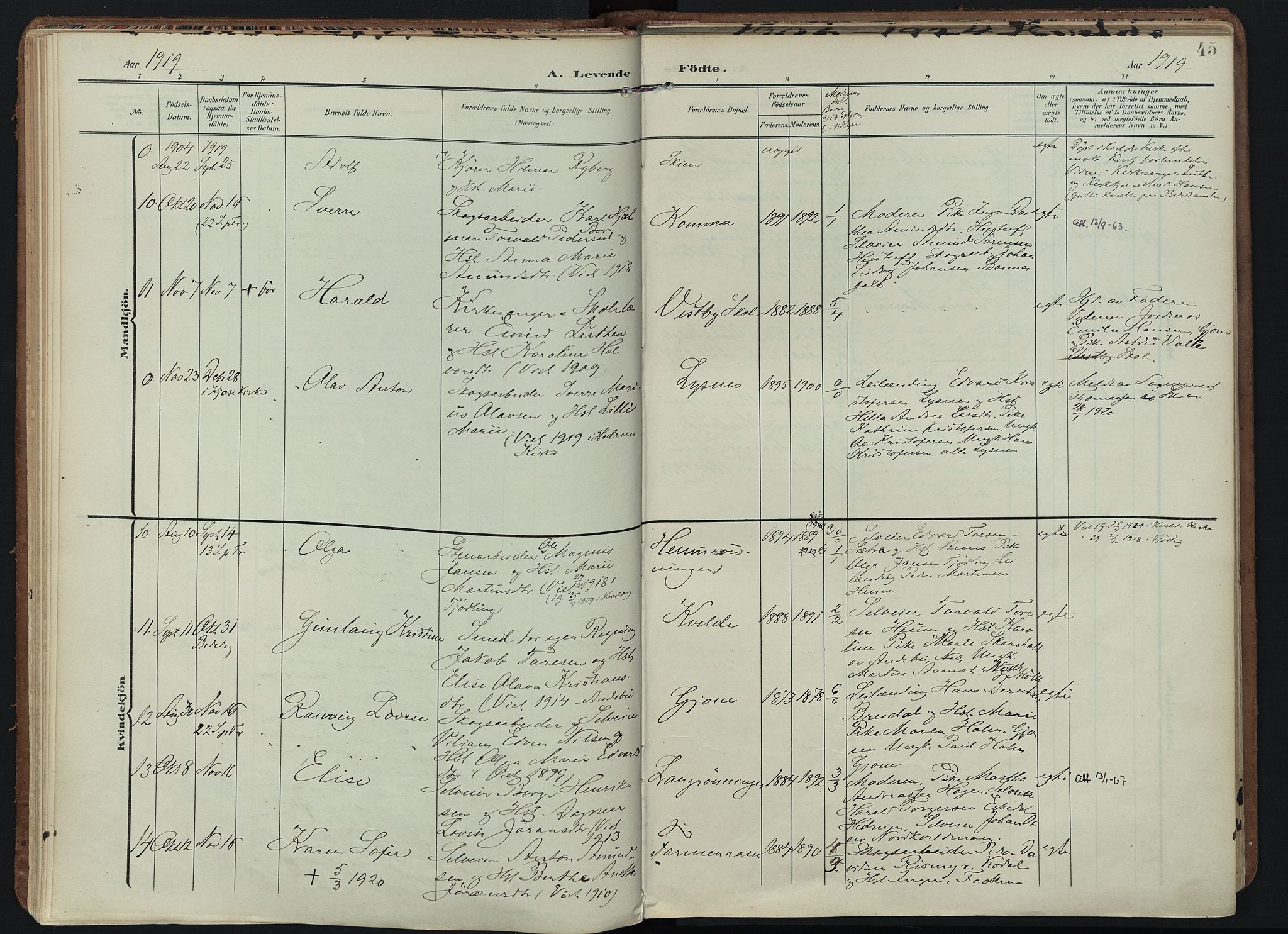 Hedrum kirkebøker, SAKO/A-344/F/Fb/L0002: Parish register (official) no. II 2, 1906-1924, p. 45