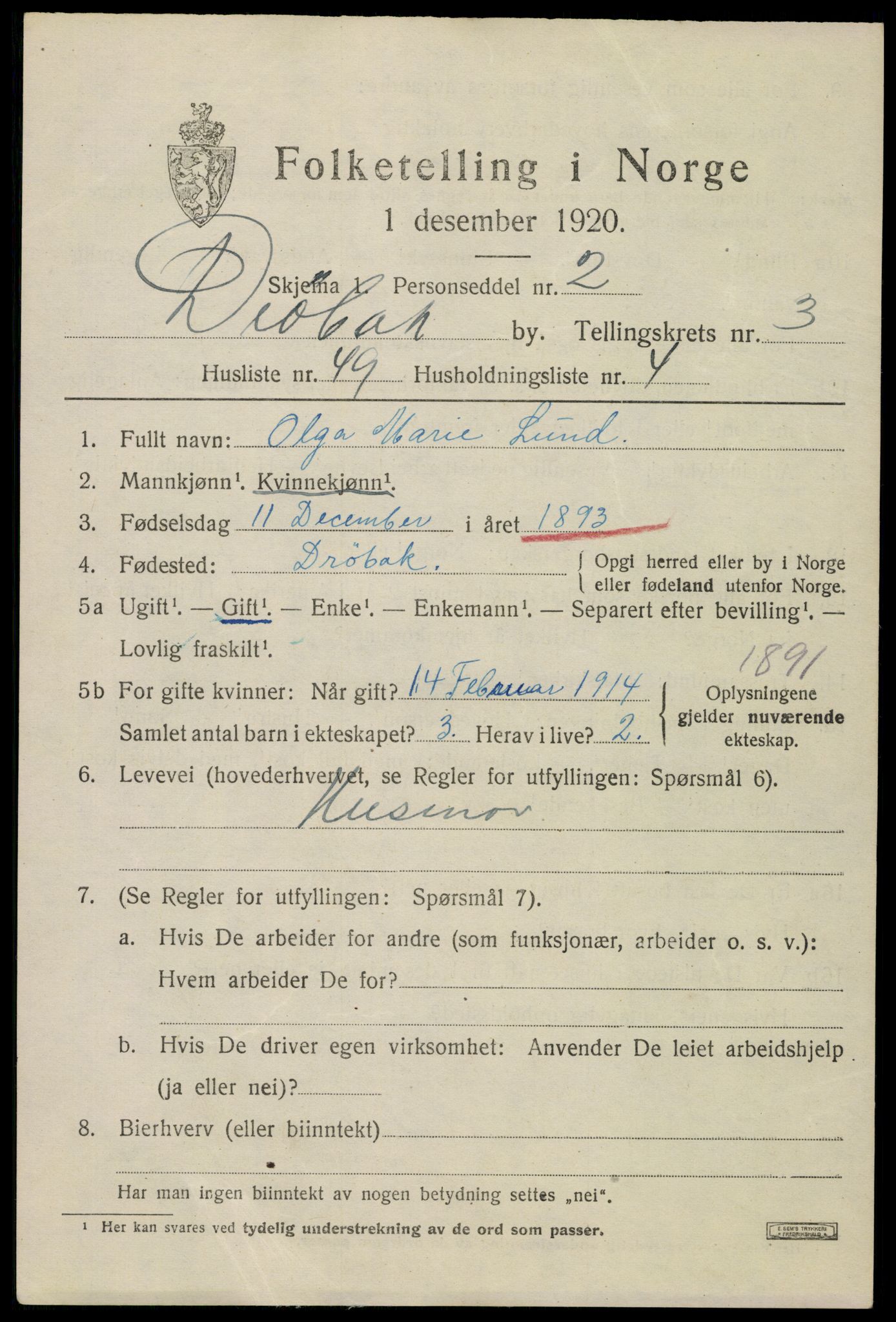 SAO, 1920 census for Drøbak, 1920, p. 4041