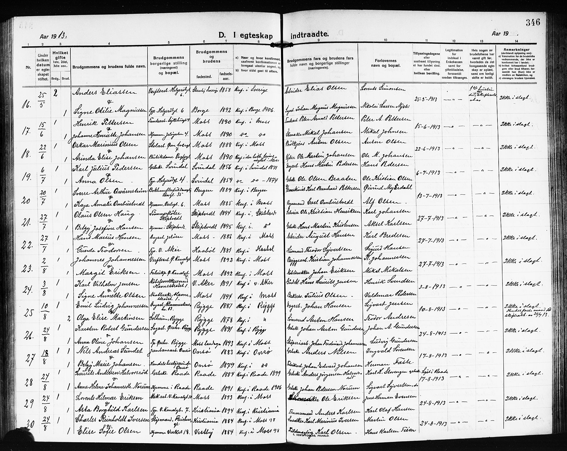 Moss prestekontor Kirkebøker, AV/SAO-A-2003/G/Ga/L0008: Parish register (copy) no. I 8, 1913-1923, p. 346