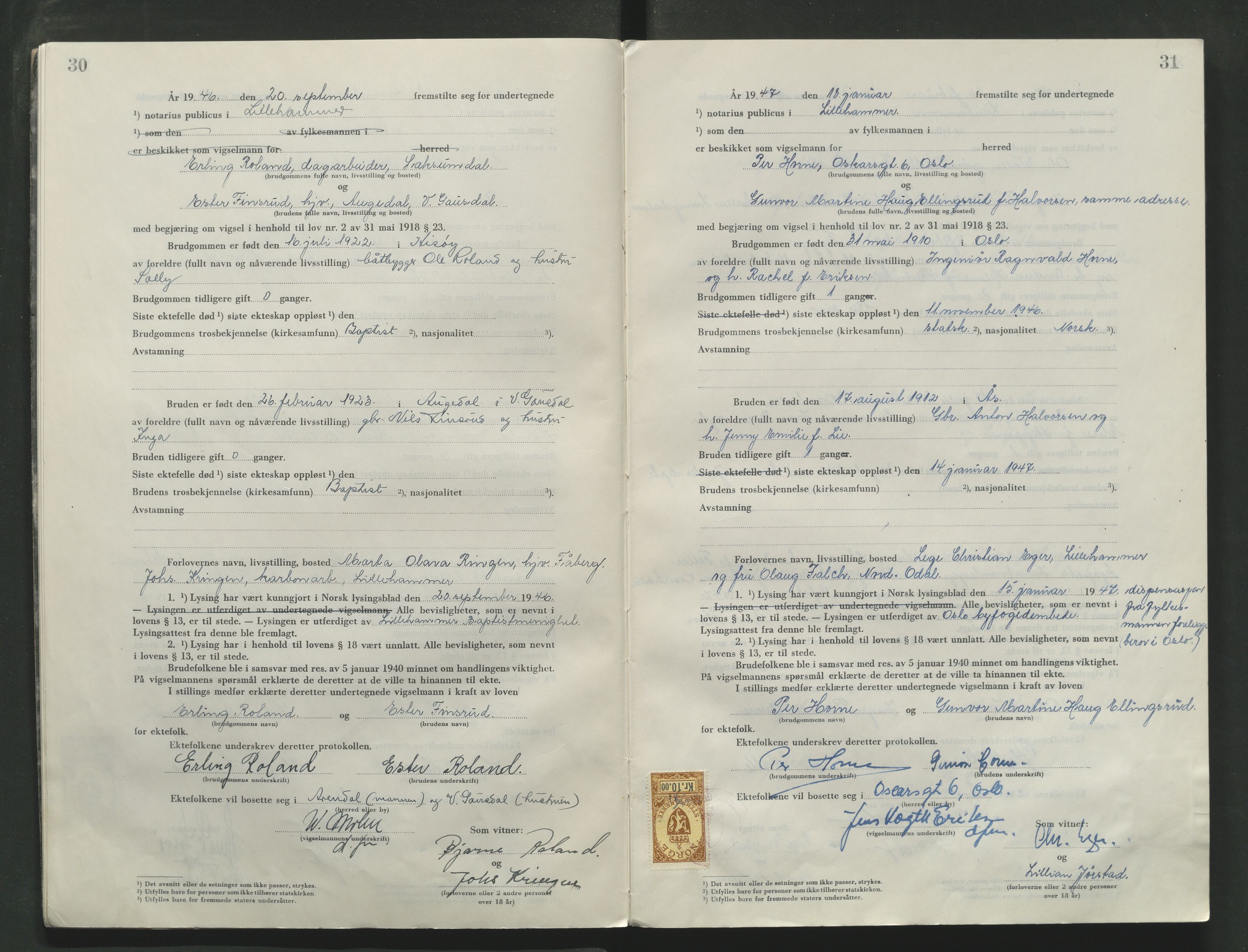 Sør-Gudbrandsdal tingrett, AV/SAH-TING-004/L/Lc/L0006: Vigselsprotokoll, 1946-1954, p. 30-31