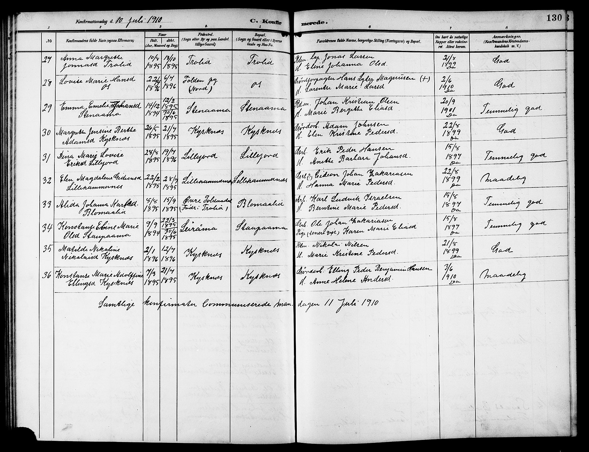 Ministerialprotokoller, klokkerbøker og fødselsregistre - Nordland, AV/SAT-A-1459/846/L0655: Parish register (copy) no. 846C05, 1902-1916, p. 130