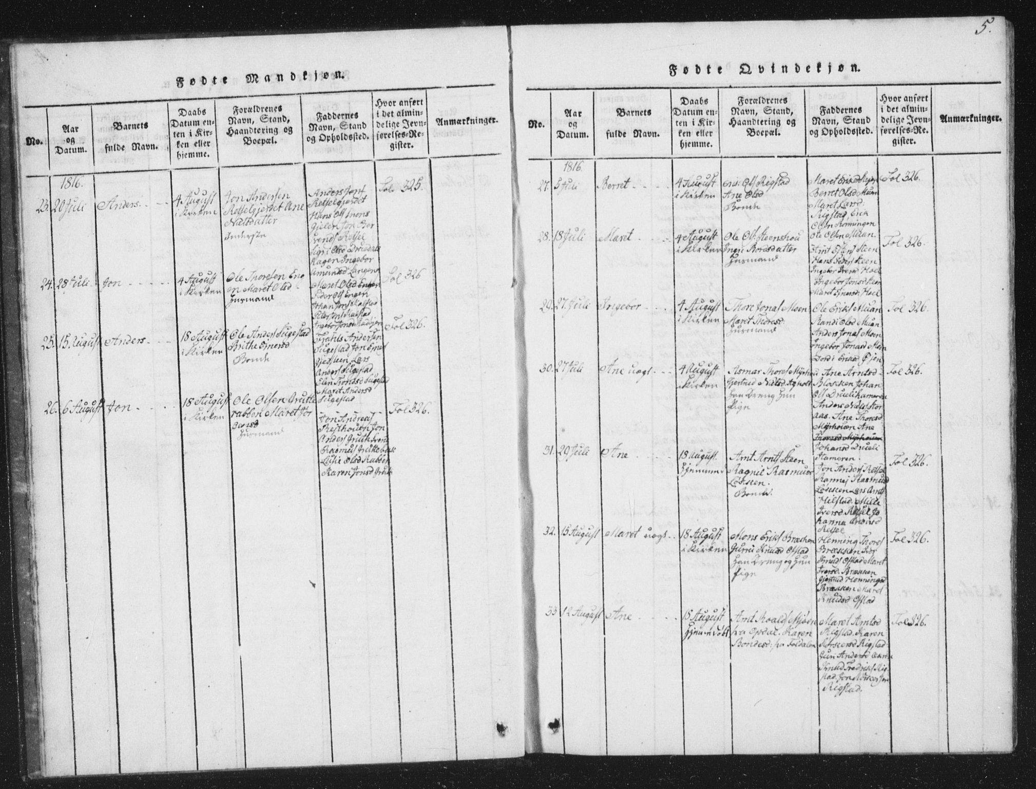 Ministerialprotokoller, klokkerbøker og fødselsregistre - Sør-Trøndelag, SAT/A-1456/672/L0862: Parish register (copy) no. 672C01, 1816-1831, p. 5