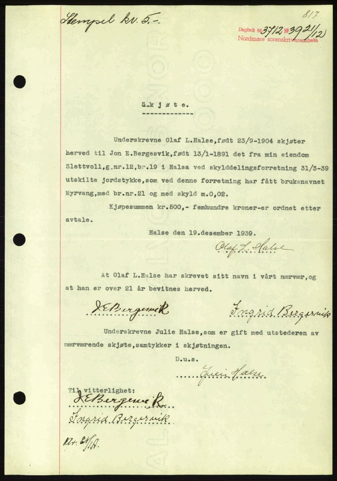 Nordmøre sorenskriveri, AV/SAT-A-4132/1/2/2Ca: Mortgage book no. A87, 1939-1940, Diary no: : 3712/1939