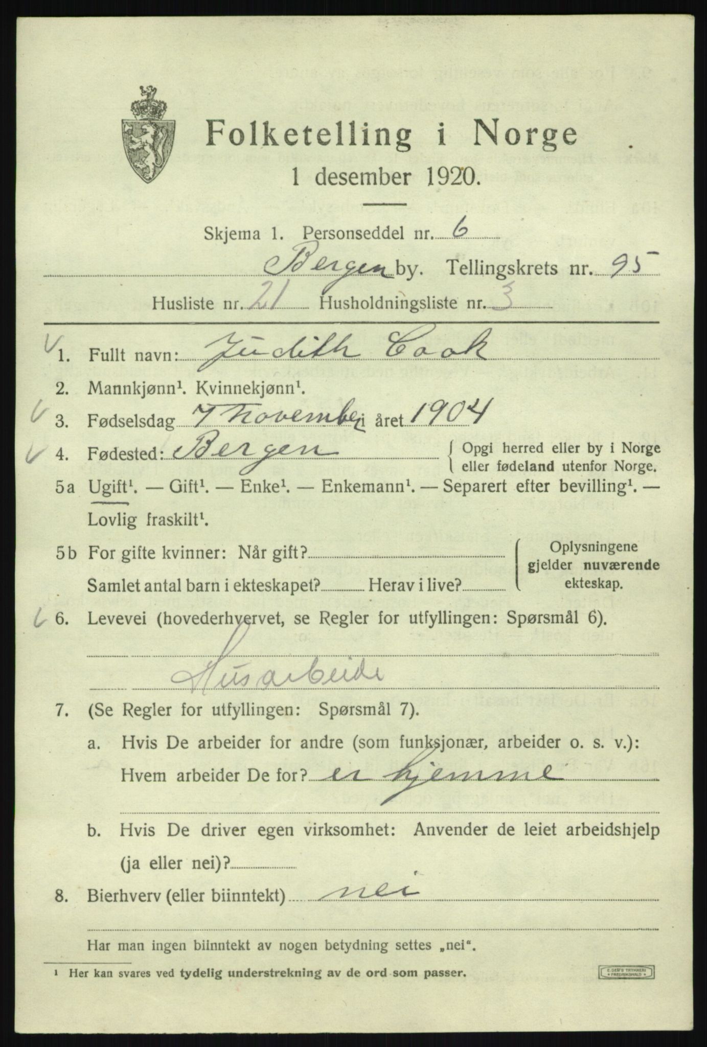 SAB, 1920 census for Bergen, 1920, p. 169815