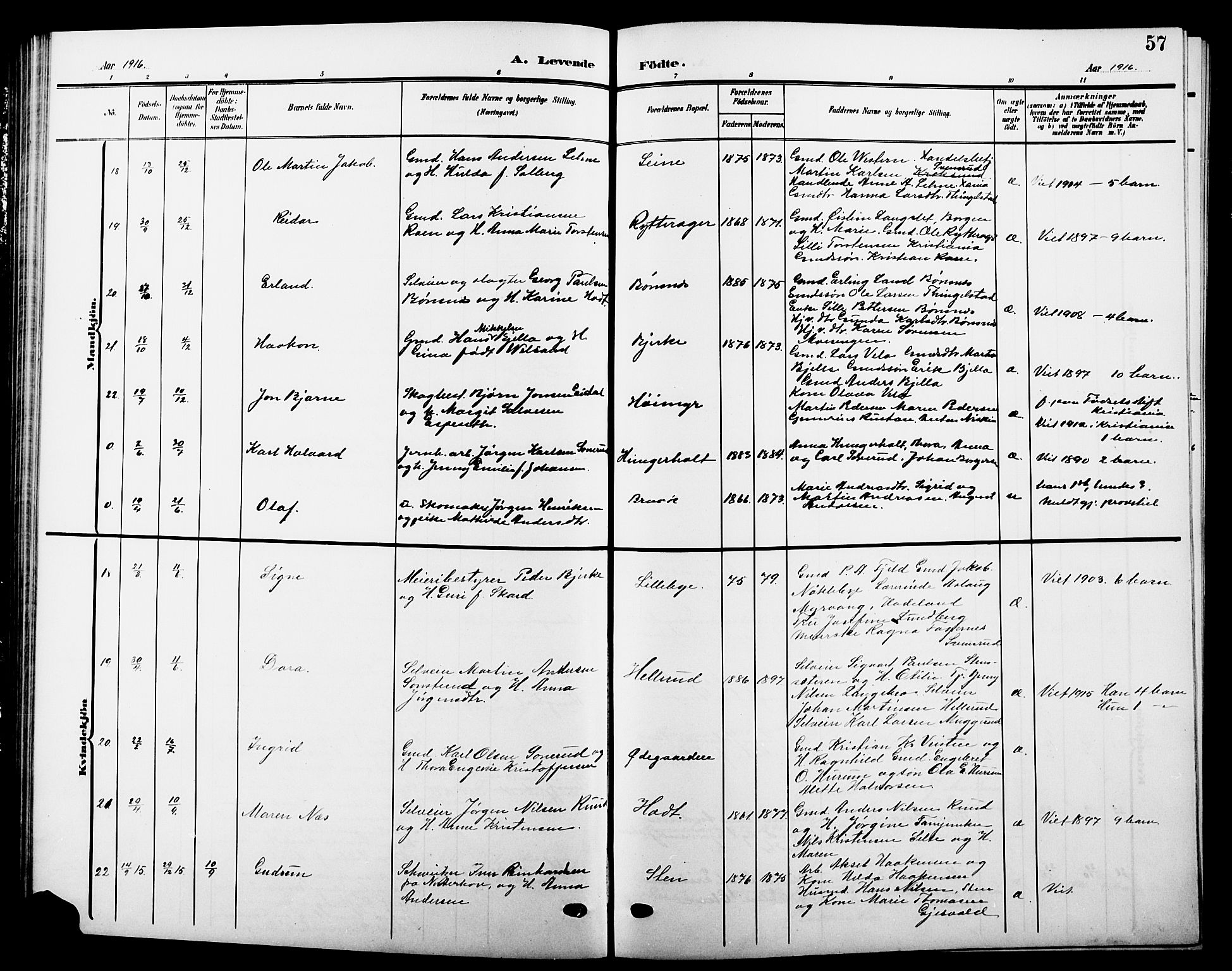 Hole kirkebøker, AV/SAKO-A-228/G/Ga/L0004: Parish register (copy) no. I 4, 1905-1924, p. 57