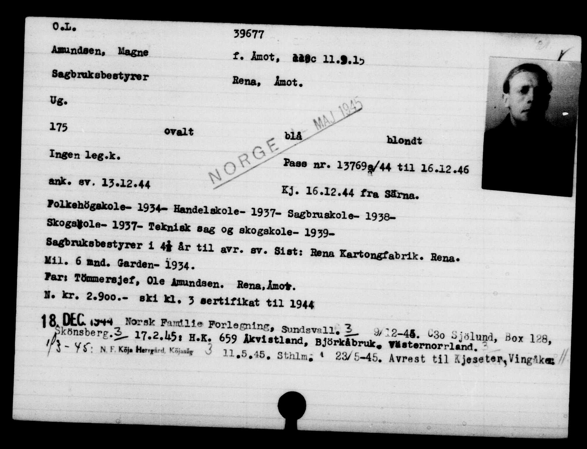 Utenriksstasjonene, Legasjonen i Stockholm, Flyktningkontoret, AV/RA-S-6753/V/Va/L0015: Kjesäterkartoteket, flyktninger med registreringsnr. 37800-40770, 1940-1945, p. 1936