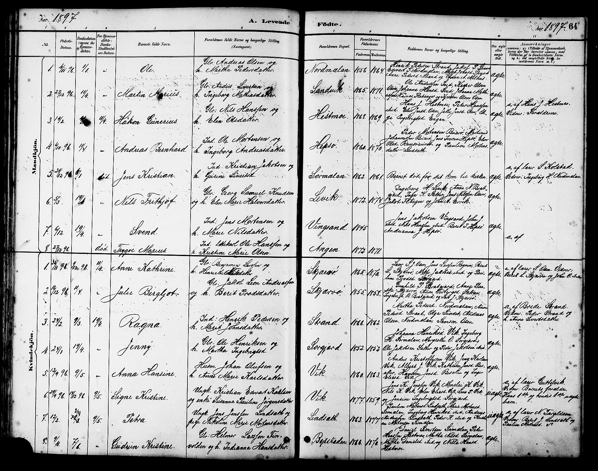 Ministerialprotokoller, klokkerbøker og fødselsregistre - Sør-Trøndelag, SAT/A-1456/658/L0726: Parish register (copy) no. 658C02, 1883-1908, p. 64
