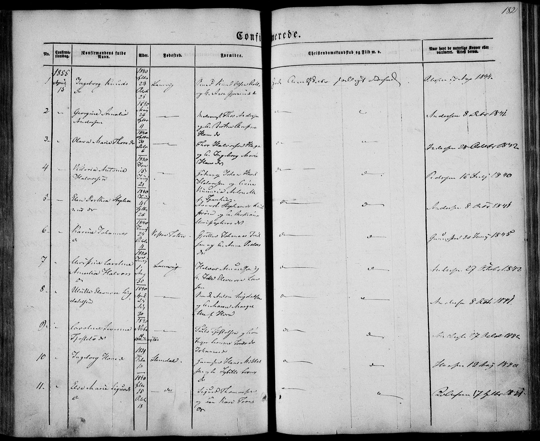 Larvik kirkebøker, AV/SAKO-A-352/F/Fa/L0003: Parish register (official) no. I 3, 1848-1856, p. 182