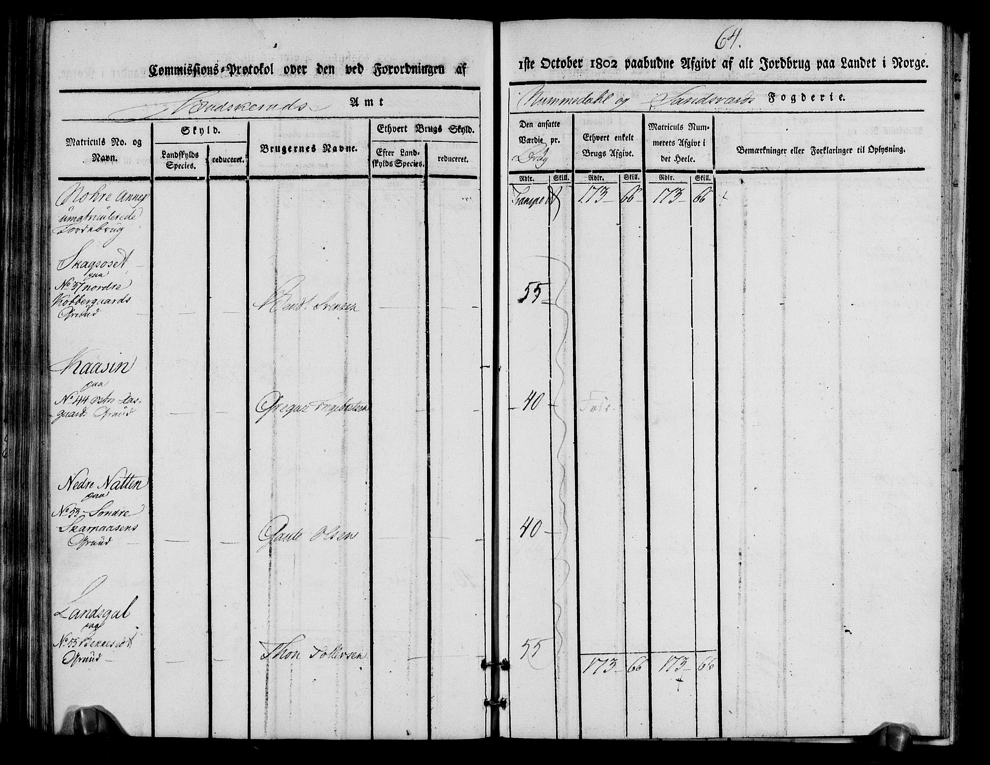 Rentekammeret inntil 1814, Realistisk ordnet avdeling, AV/RA-EA-4070/N/Ne/Nea/L0056b: Numedal og Sandsvær fogderi. Kommisjonsprotokoll over matrikulerte jordbruk i Uvdal og Nore annekser, 1803, p. 64