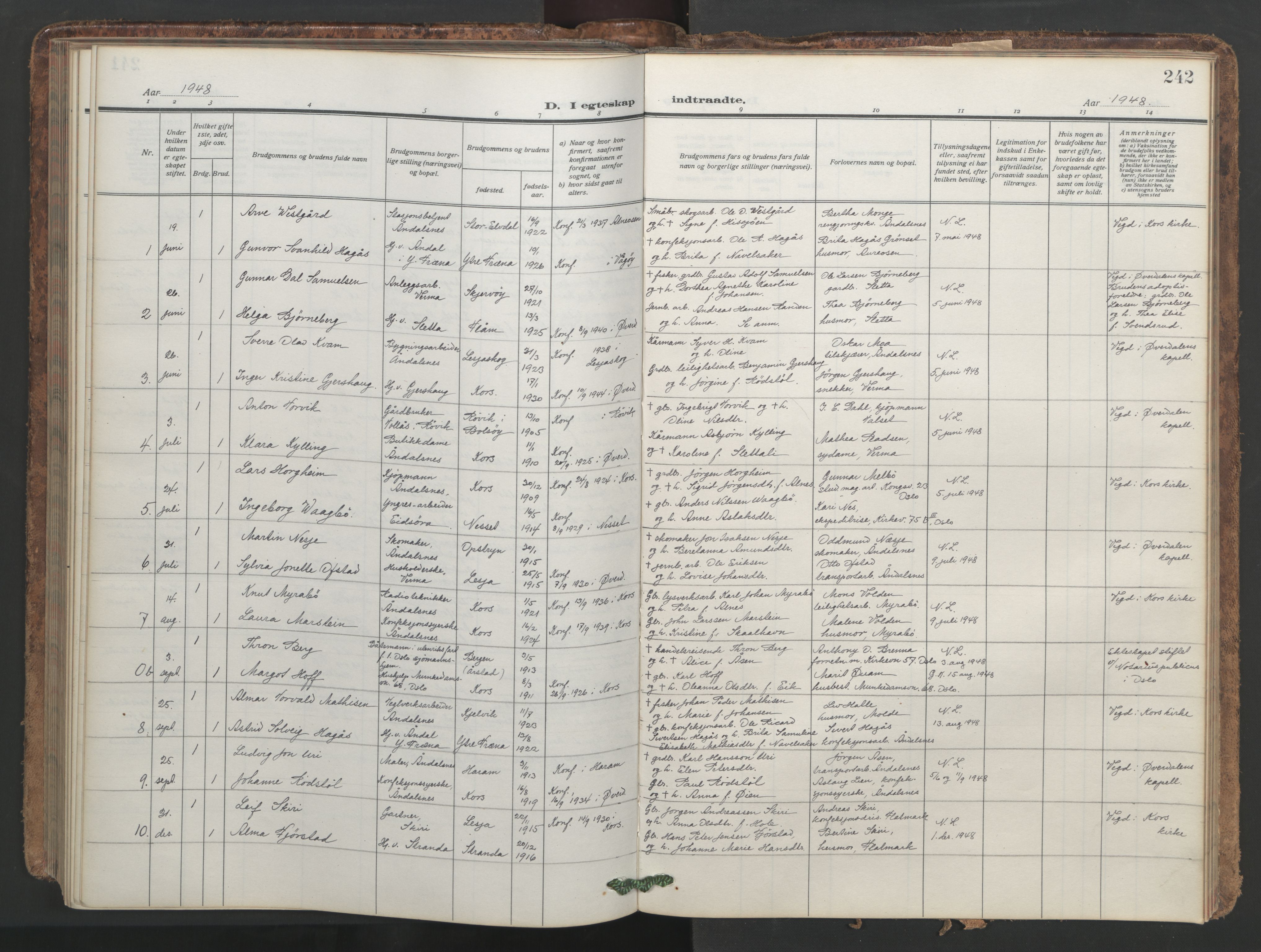 Ministerialprotokoller, klokkerbøker og fødselsregistre - Møre og Romsdal, AV/SAT-A-1454/546/L0597: Parish register (copy) no. 546C03, 1921-1959, p. 242