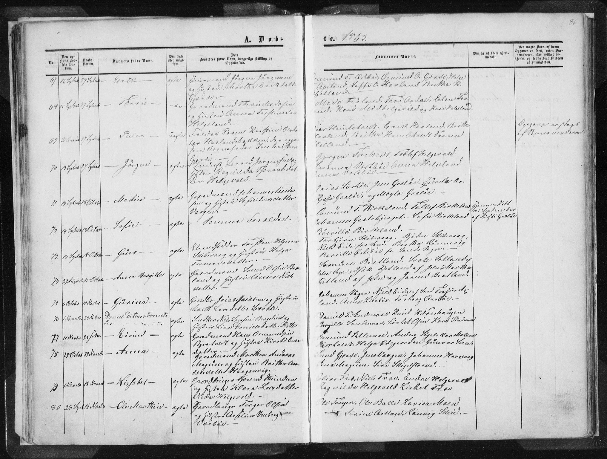 Vikedal sokneprestkontor, AV/SAST-A-101840/01/IV: Parish register (official) no. A 6.1, 1851-1867, p. 86