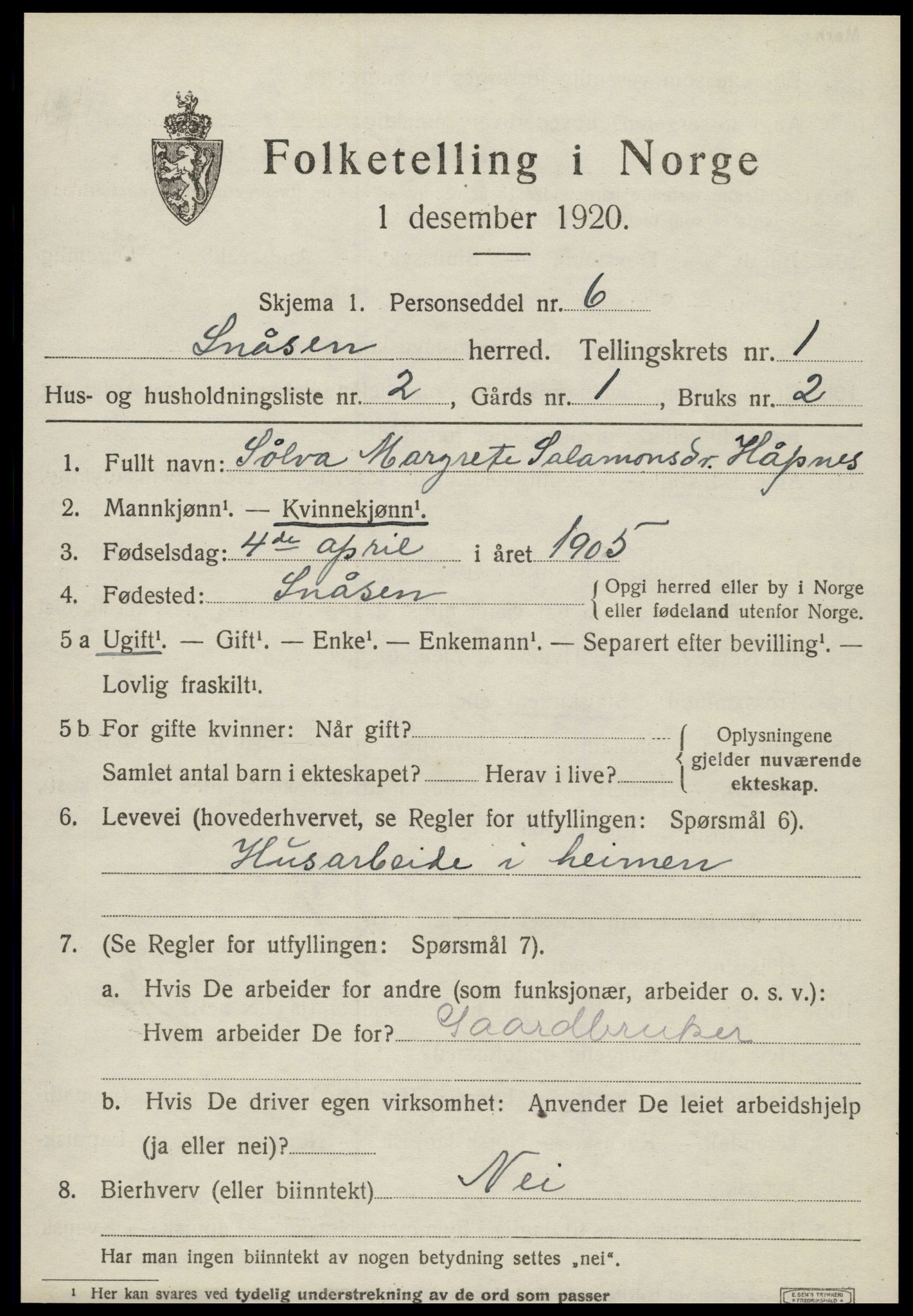 SAT, 1920 census for Snåsa, 1920, p. 1068