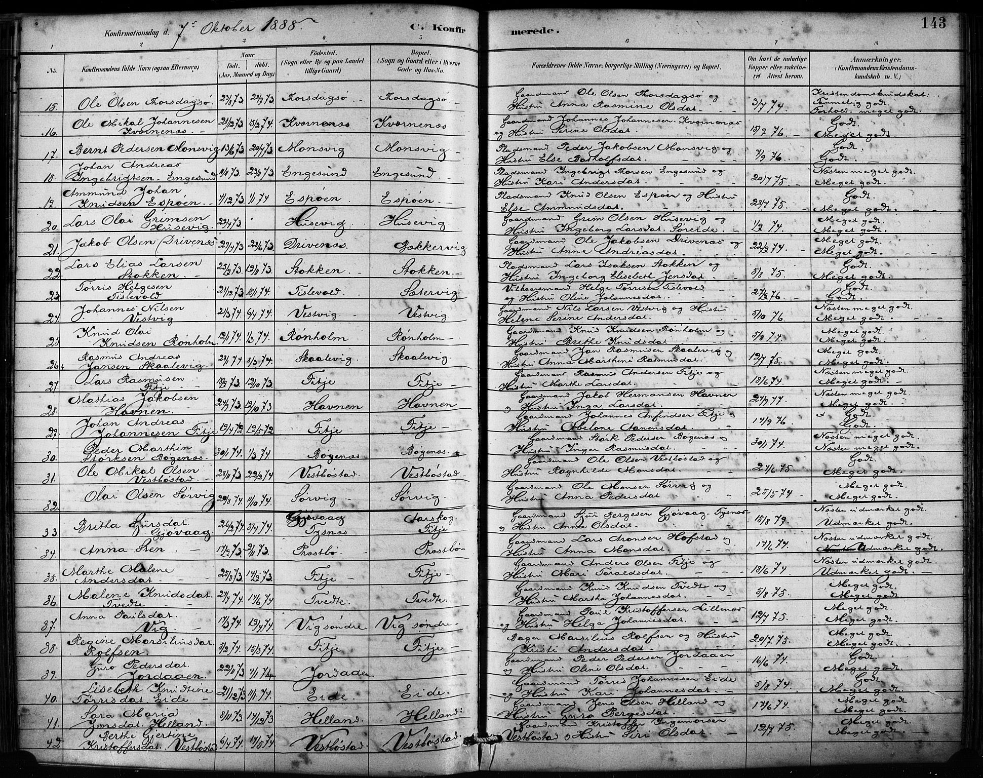 Fitjar sokneprestembete, SAB/A-99926: Parish register (official) no. A 2, 1882-1899, p. 143