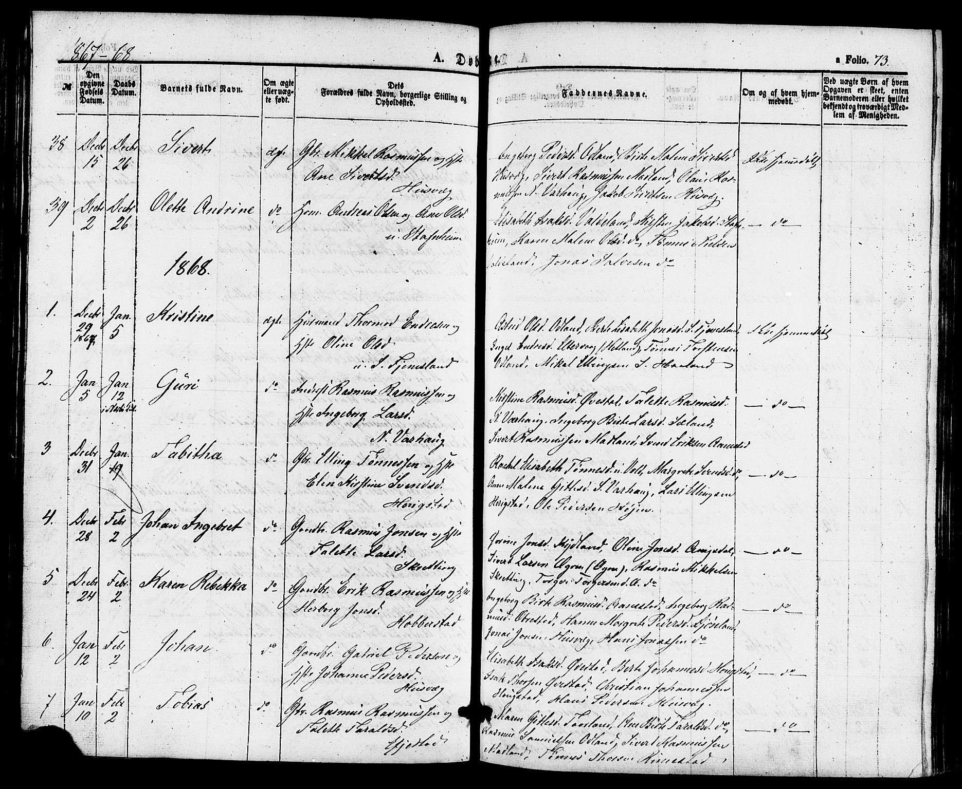 Hå sokneprestkontor, AV/SAST-A-101801/001/30BA/L0009: Parish register (official) no. A 8, 1855-1878, p. 73