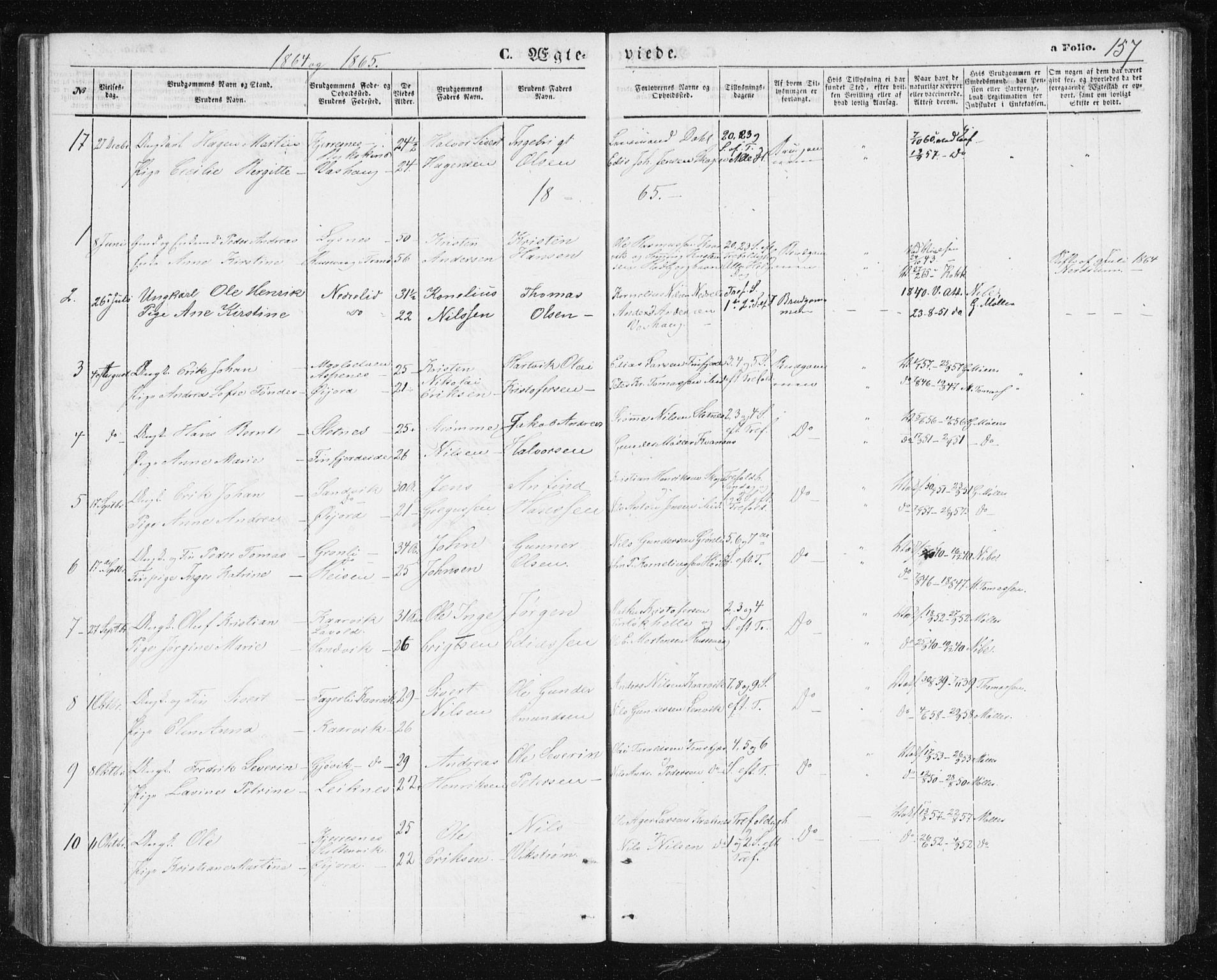 Lenvik sokneprestembete, SATØ/S-1310/H/Ha/Hab/L0004klokker: Parish register (copy) no. 4, 1859-1869, p. 157