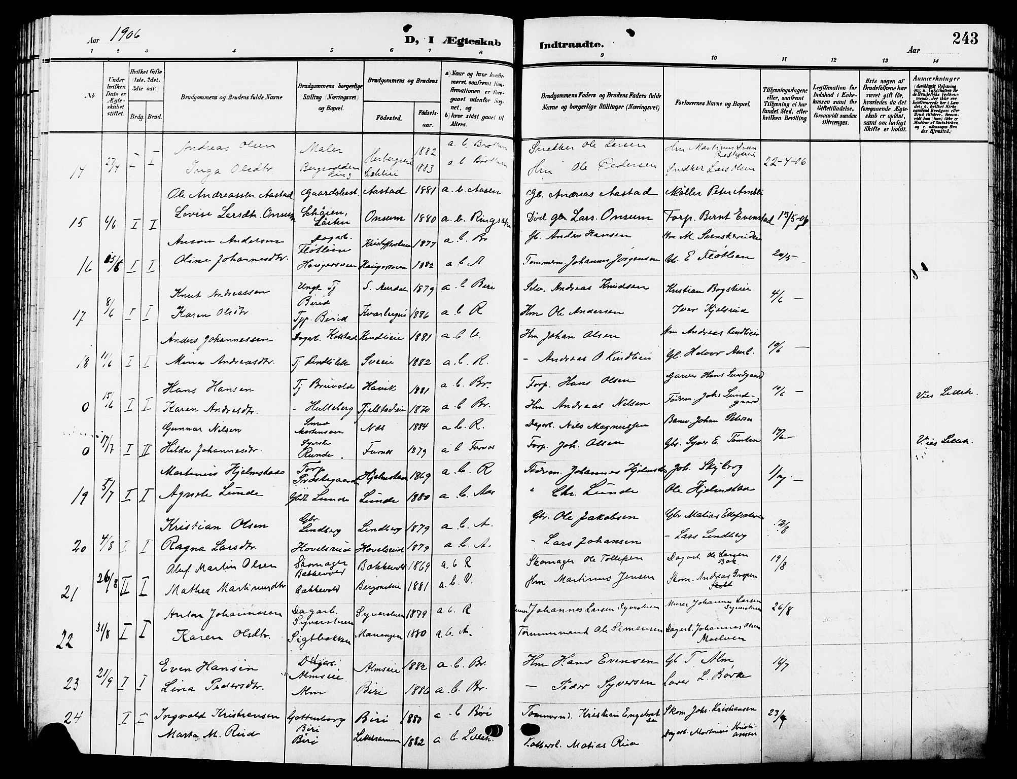 Ringsaker prestekontor, AV/SAH-PREST-014/L/La/L0015: Parish register (copy) no. 15, 1903-1912, p. 243