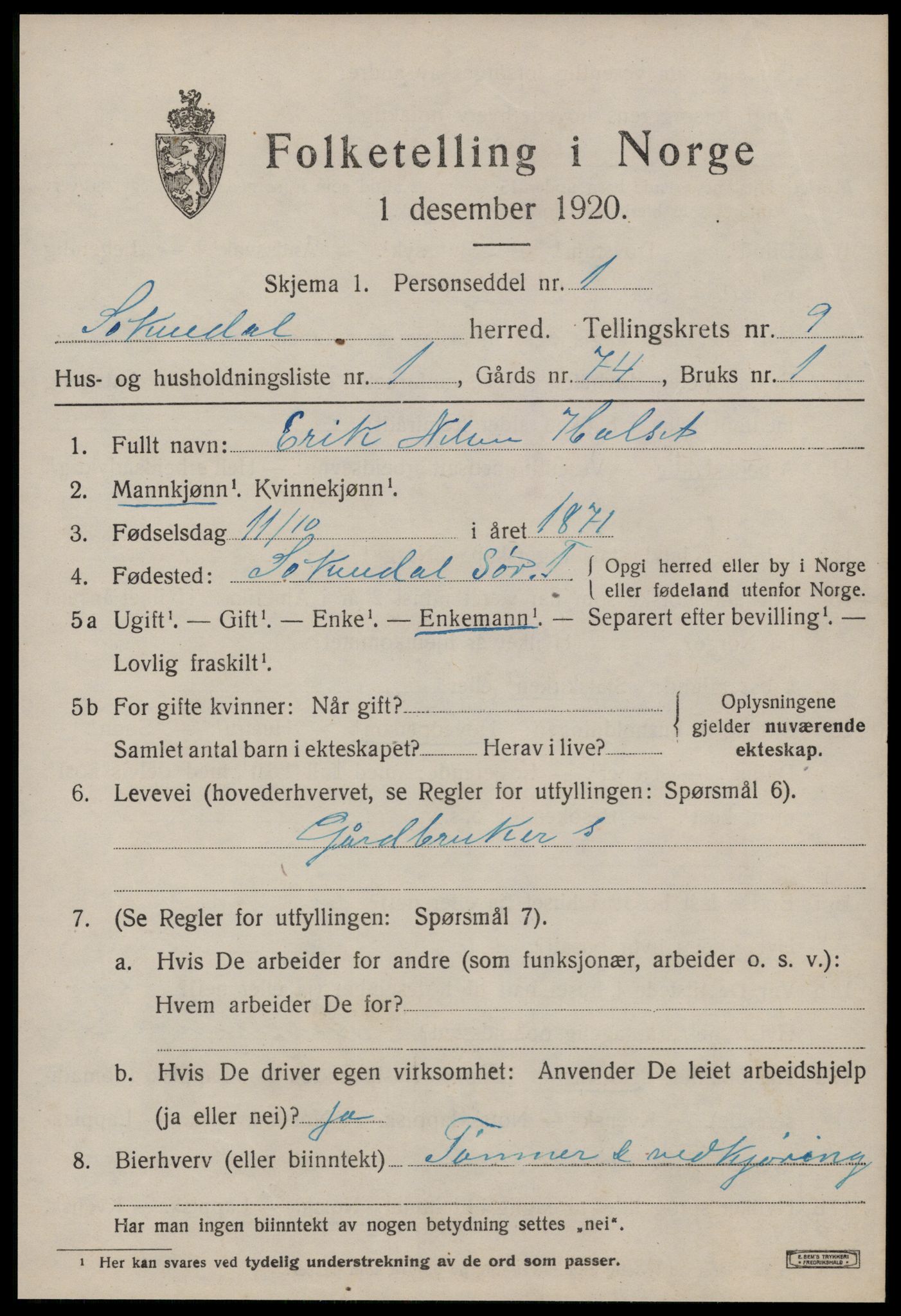 SAT, 1920 census for Soknedal, 1920, p. 4380