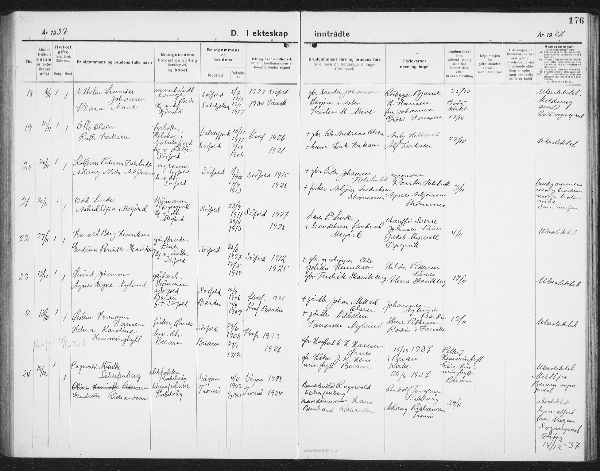 Ministerialprotokoller, klokkerbøker og fødselsregistre - Nordland, AV/SAT-A-1459/854/L0788: Parish register (copy) no. 854C04, 1926-1940, p. 176