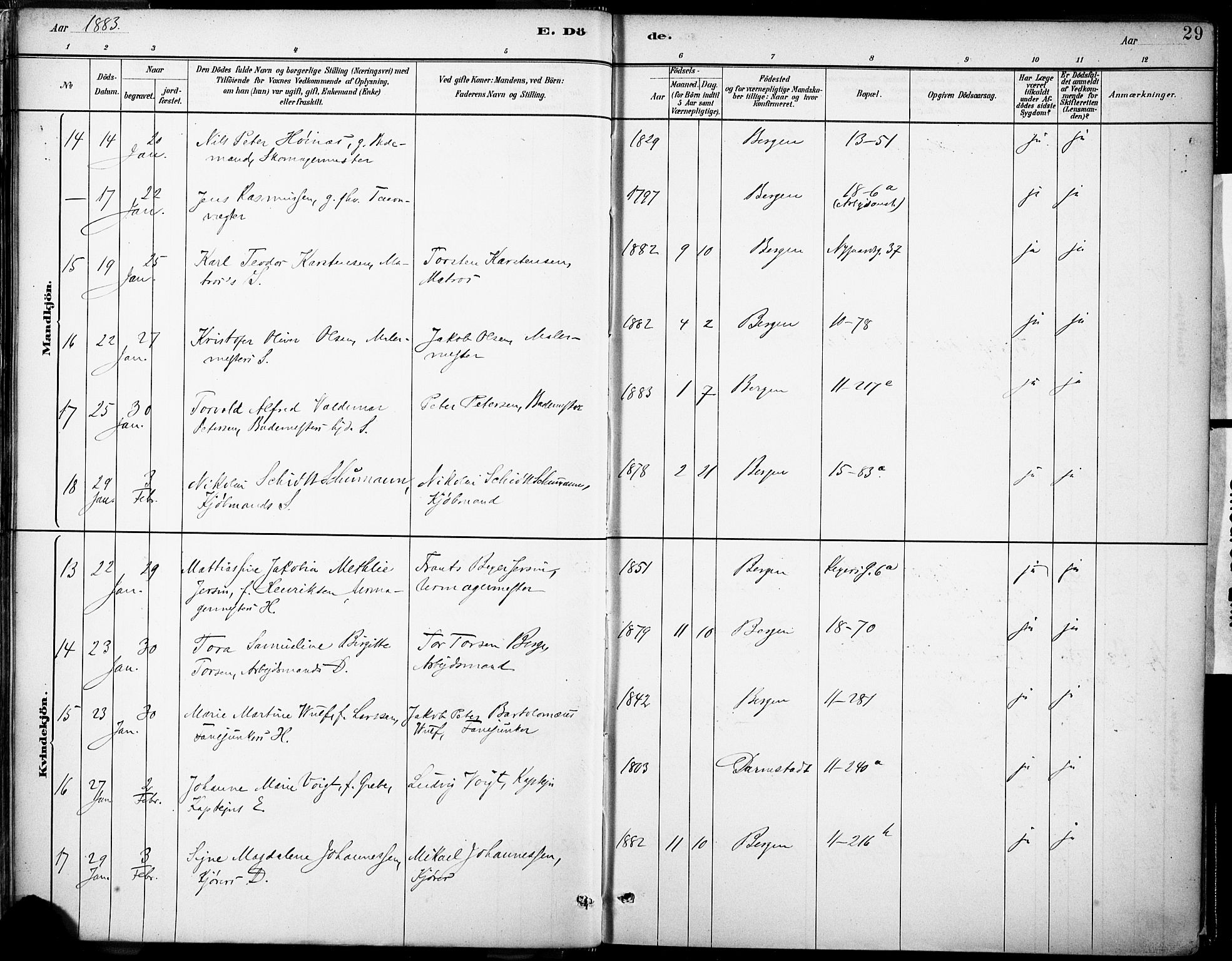 Domkirken sokneprestembete, AV/SAB-A-74801/H/Haa/L0043: Parish register (official) no. E 5, 1882-1904, p. 29