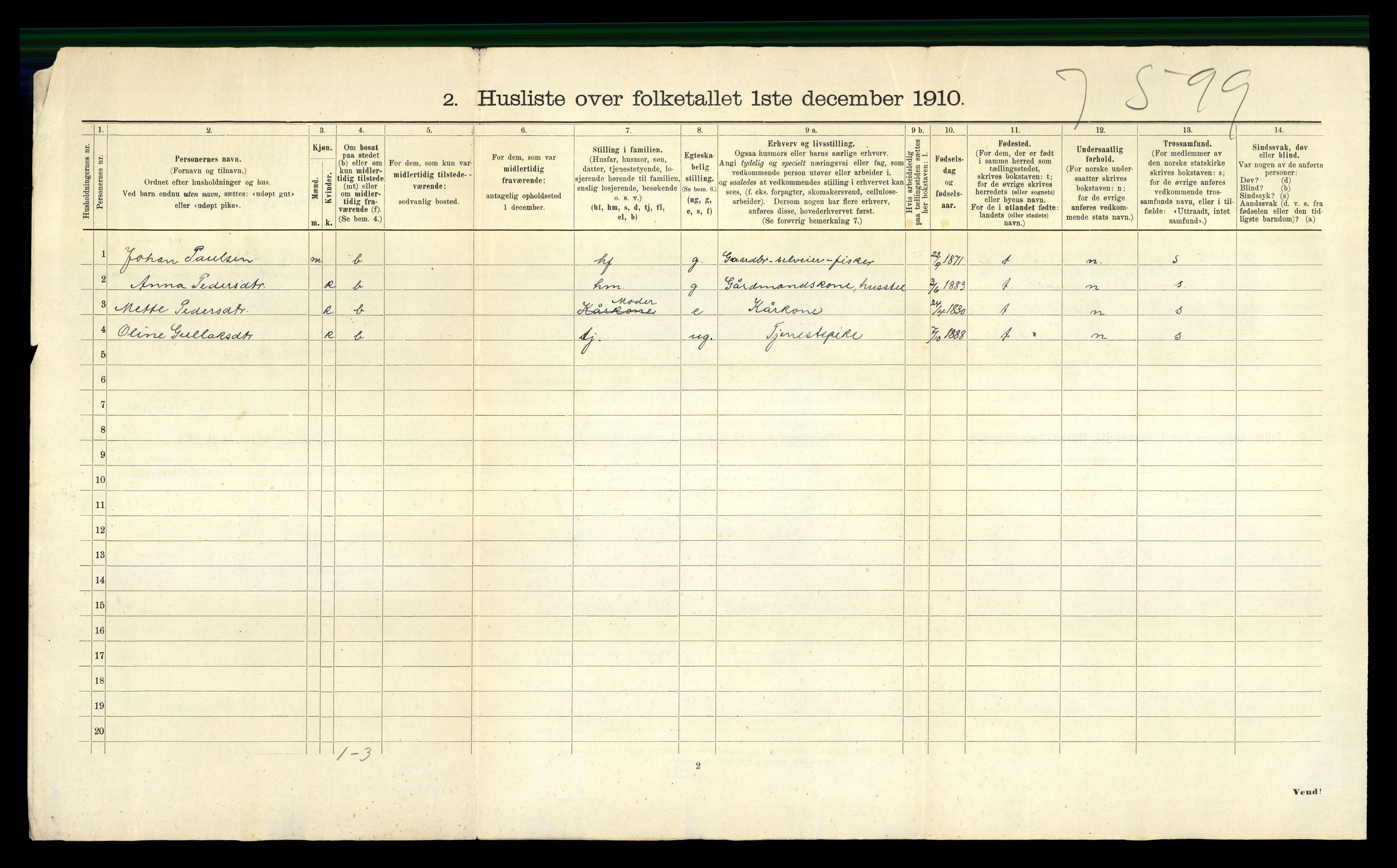 RA, 1910 census for Selje, 1910, p. 565