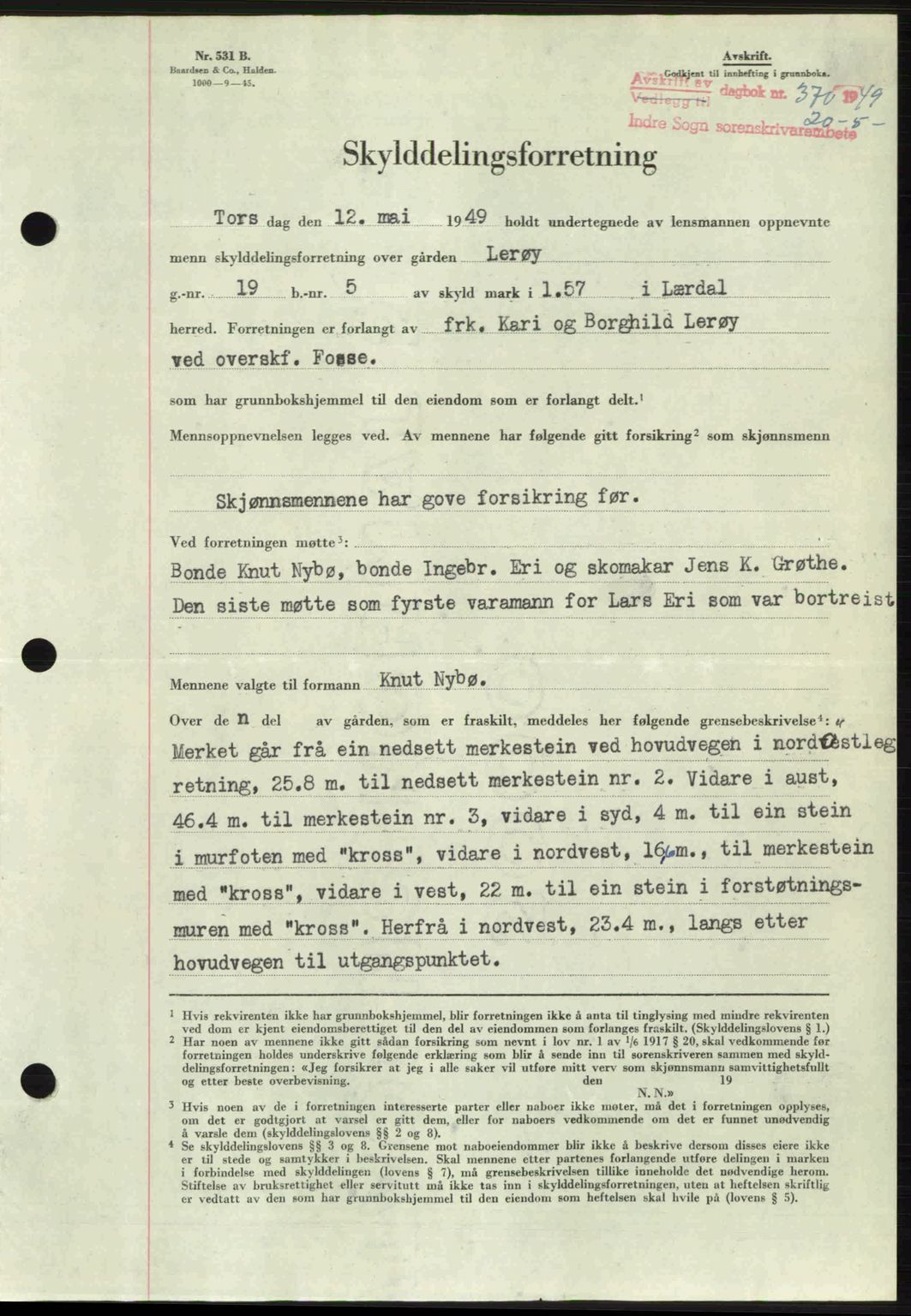 Indre Sogn tingrett, SAB/A-3301/1/G/Gb/Gbb/L0010: Mortgage book no. A10, 1949-1949, Diary no: : 370/1949