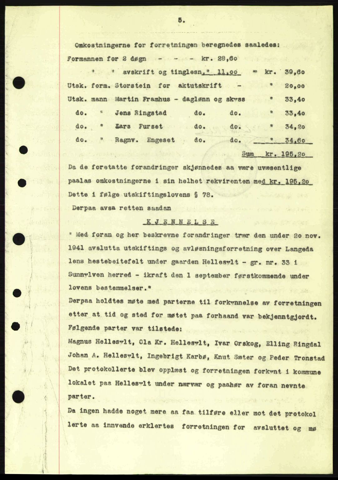 Nordre Sunnmøre sorenskriveri, AV/SAT-A-0006/1/2/2C/2Ca: Mortgage book no. A15, 1942-1943, Diary no: : 20/1943