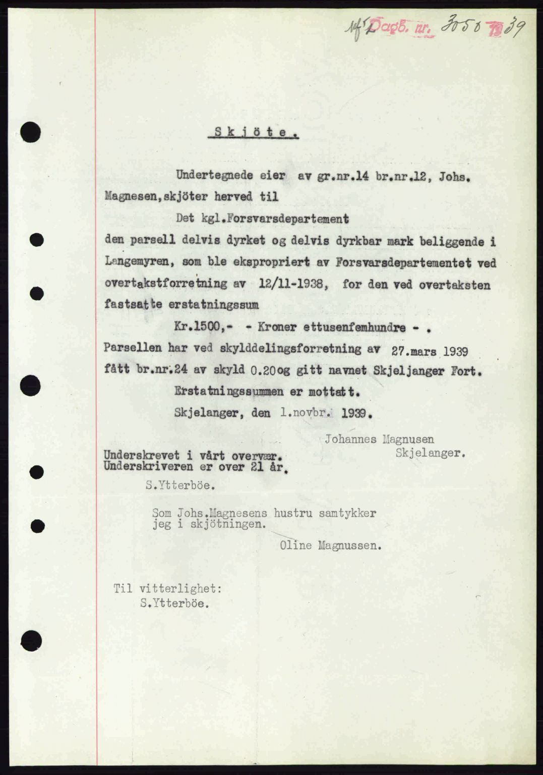 Nordhordland sorenskrivar, SAB/A-2901/1/G/Gb/Gbf/L0010: Mortgage book no. A10, 1939-1940, Diary no: : 3050/1939