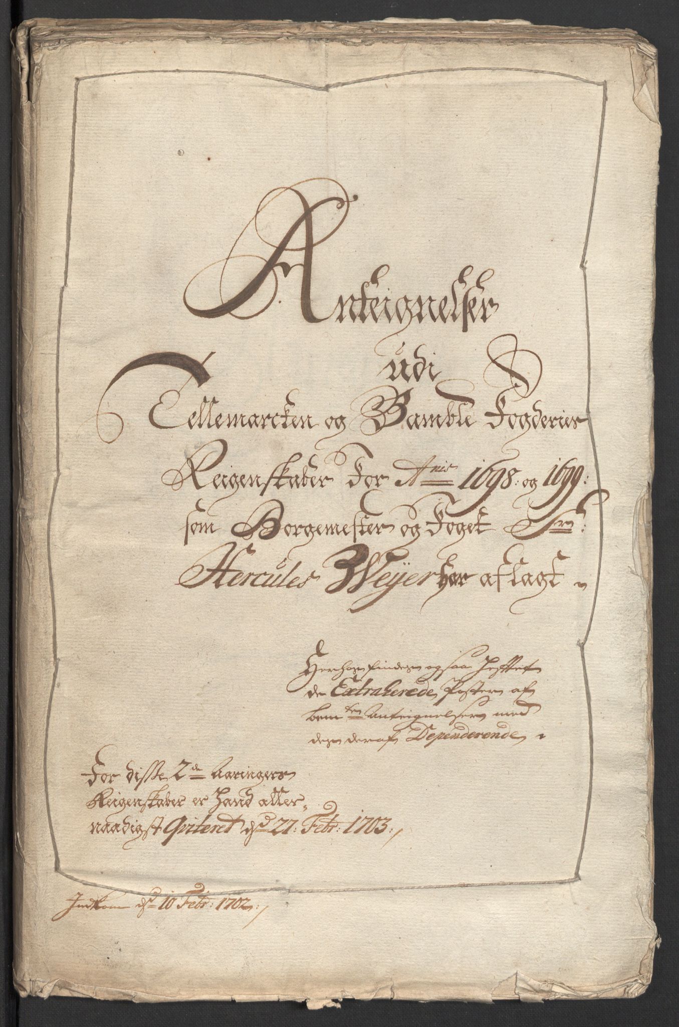 Rentekammeret inntil 1814, Reviderte regnskaper, Fogderegnskap, RA/EA-4092/R36/L2102: Fogderegnskap Øvre og Nedre Telemark og Bamble, 1699, p. 3