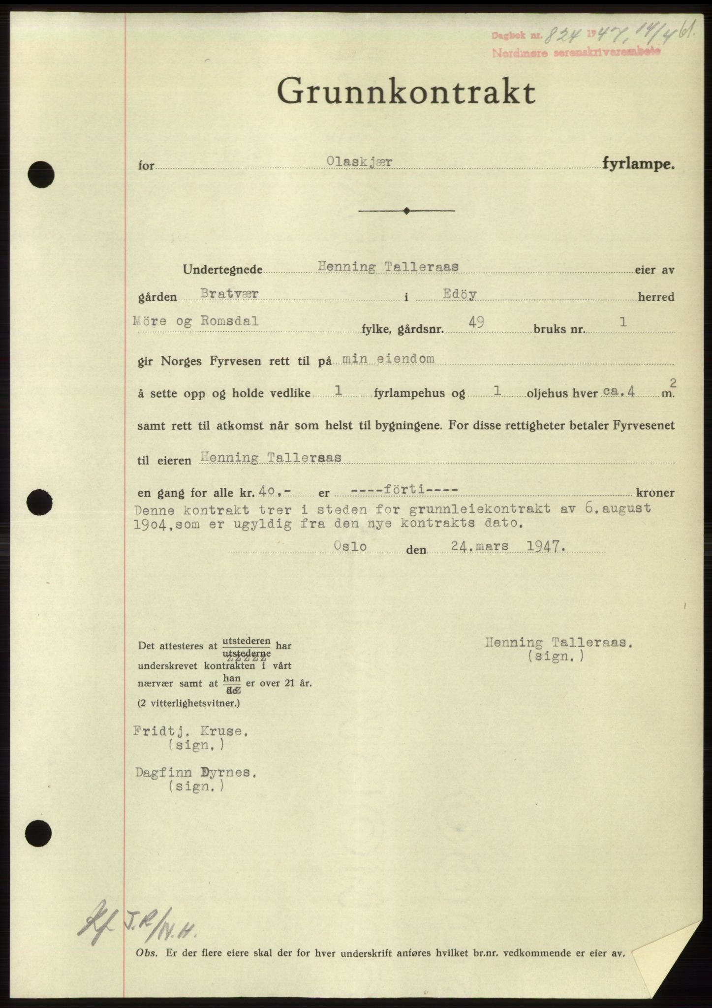 Nordmøre sorenskriveri, AV/SAT-A-4132/1/2/2Ca: Mortgage book no. B96, 1947-1947, Diary no: : 824/1947