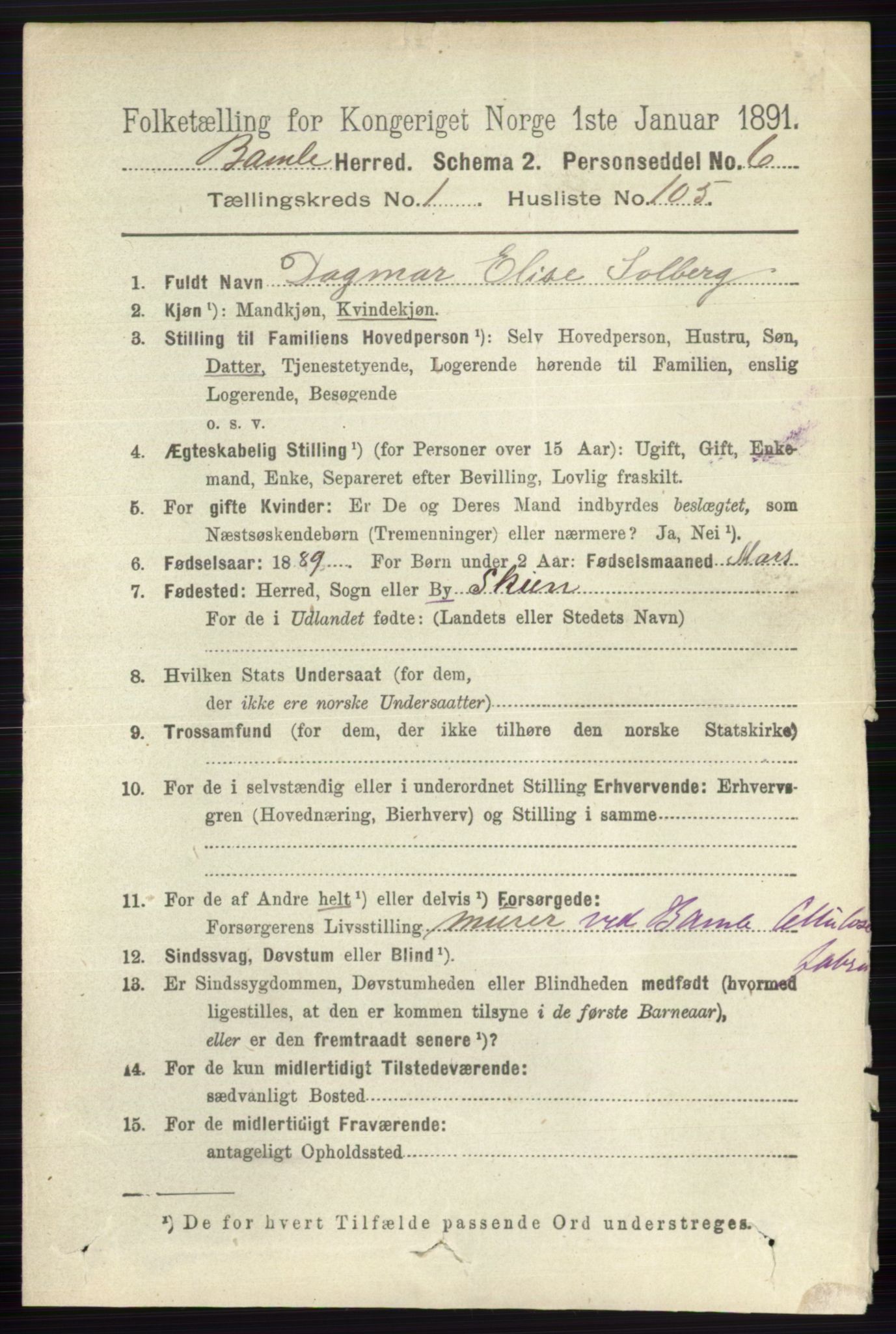 RA, 1891 census for 0814 Bamble, 1891, p. 937